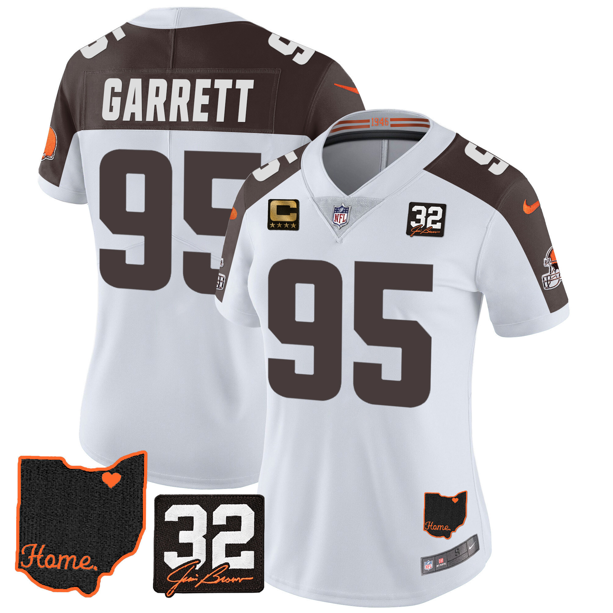 Myles Garrett Women's Cleveland Browns #32 Jim Brown Memorial & Home Patch Inverted Jersey - All Stitched