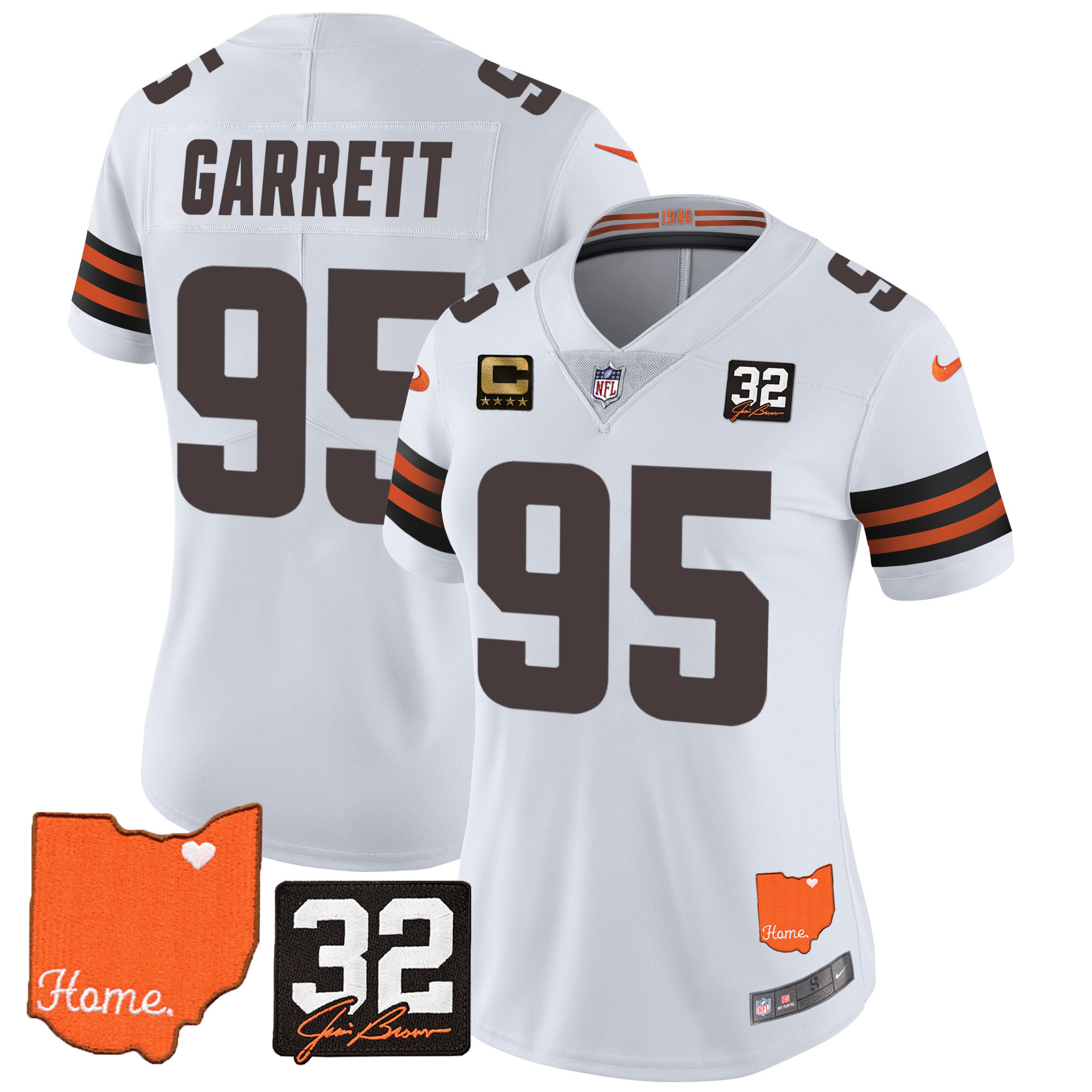 Myles Garrett Women's Cleveland Browns #32 Jim Brown Memorial & Home Patch White Jersey - All Stitched