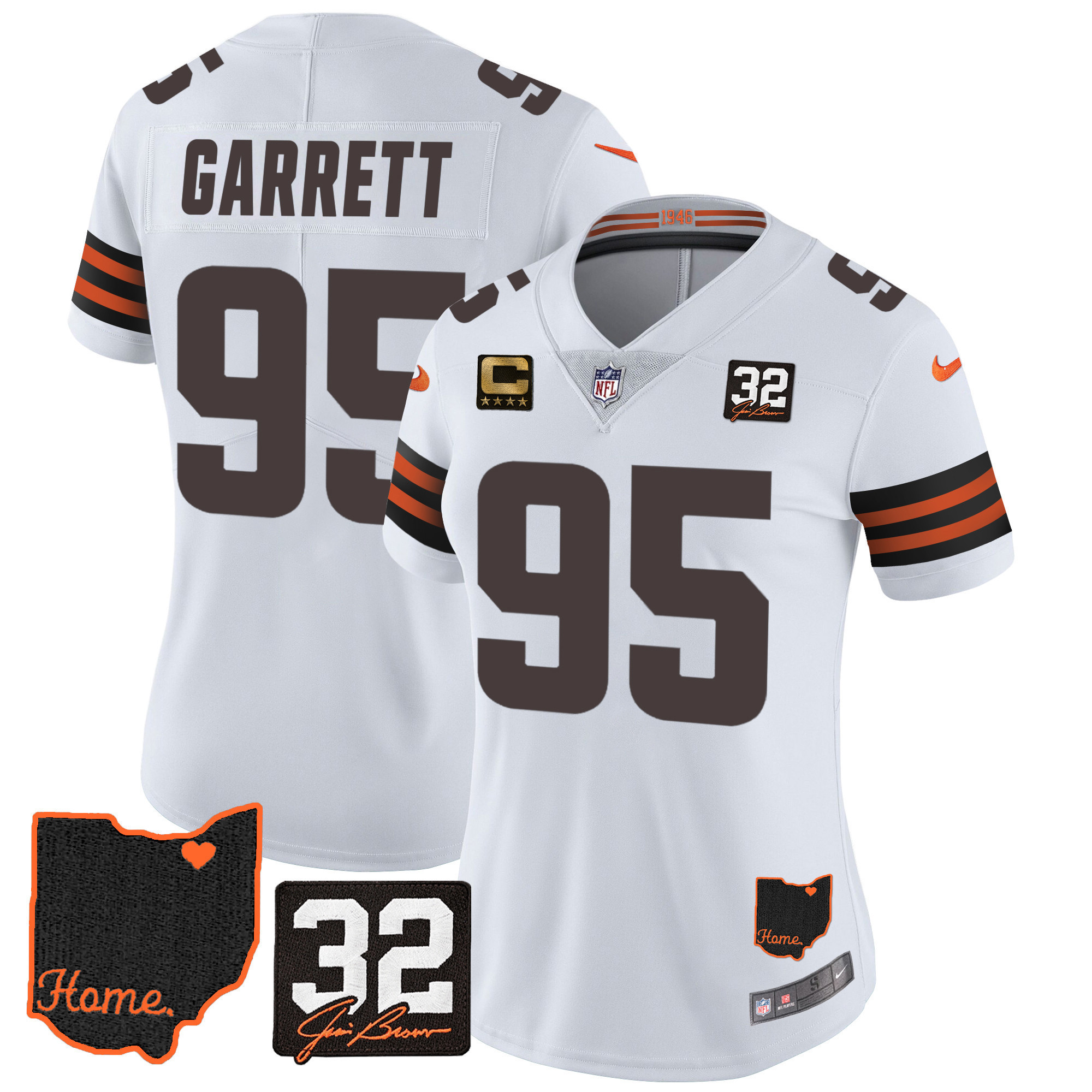 Myles Garrett Women's Cleveland Browns #32 Jim Brown Memorial & Home Patch White Jersey - All Stitched