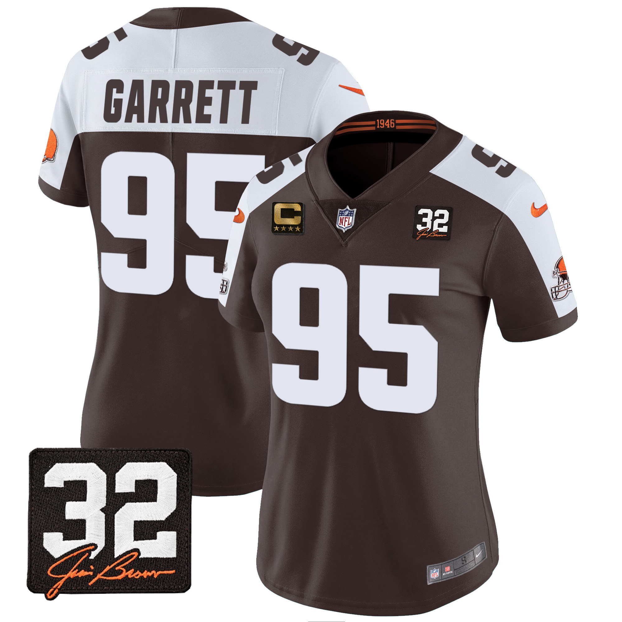 Myles Garrett Women's Cleveland Browns #32 Jim Brown Memorial Patch Alternate Jersey - All Stitched