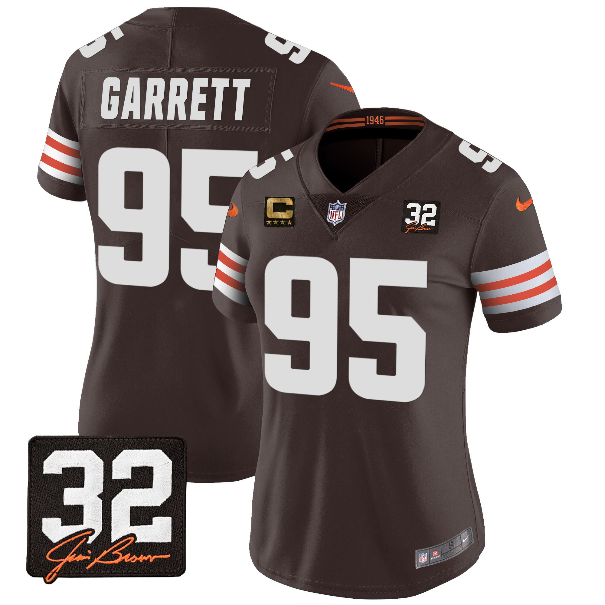 Myles Garrett Women's Cleveland Browns #32 Jim Brown Memorial Patch Brown Jersey - All Stitched