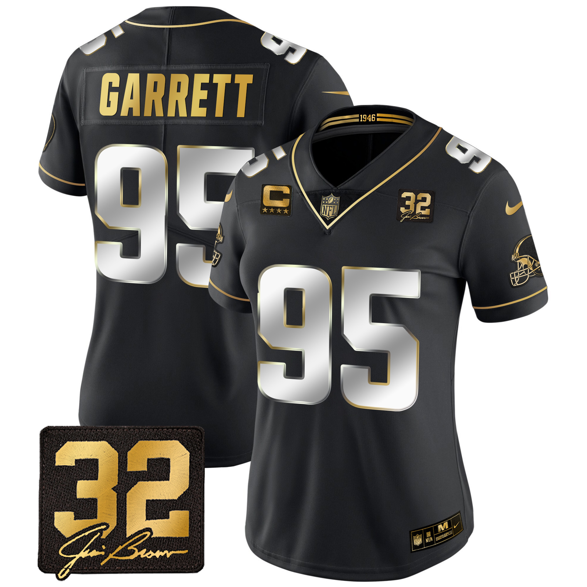 Myles Garrett Women's Cleveland Browns #32 Jim Brown Memorial Patch Gold Black Limited Jersey - All Stitched