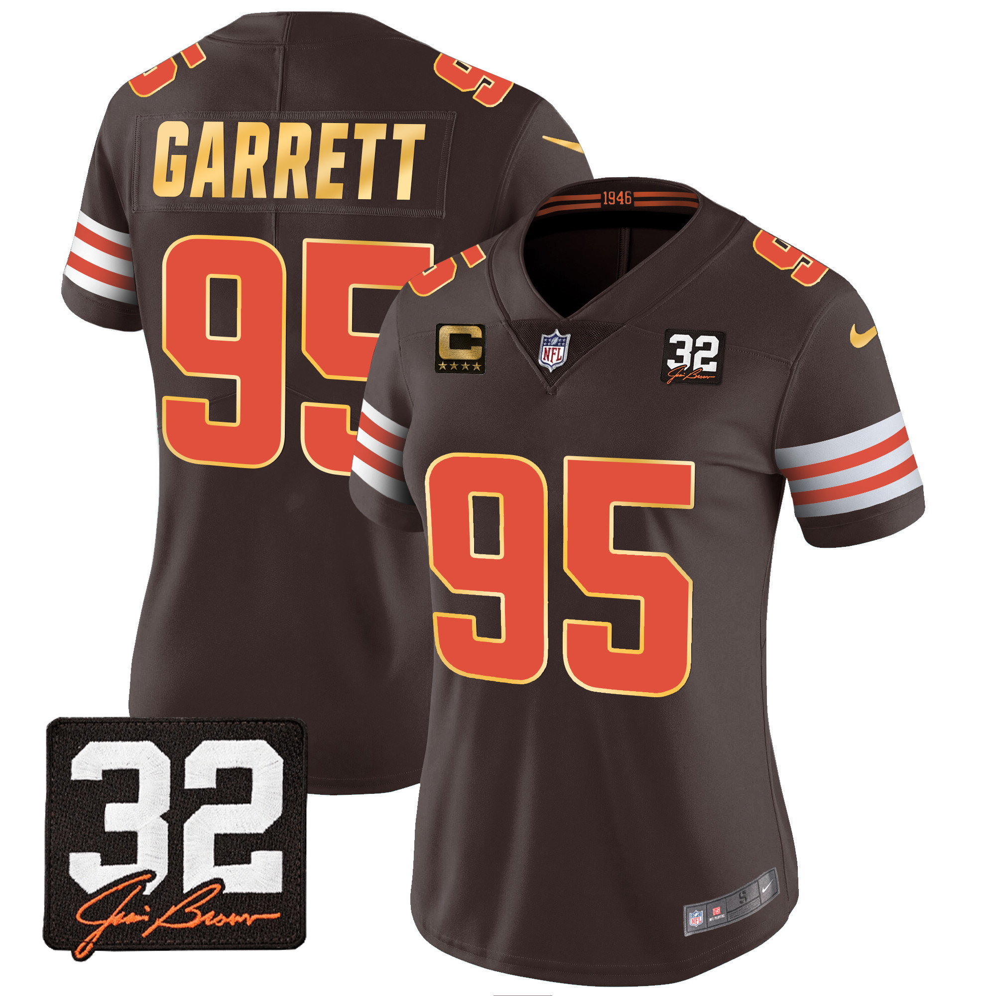 Myles Garrett Women's Cleveland Browns #32 Jim Brown Memorial Patch Gold Trim Brown Jersey - All Stitched