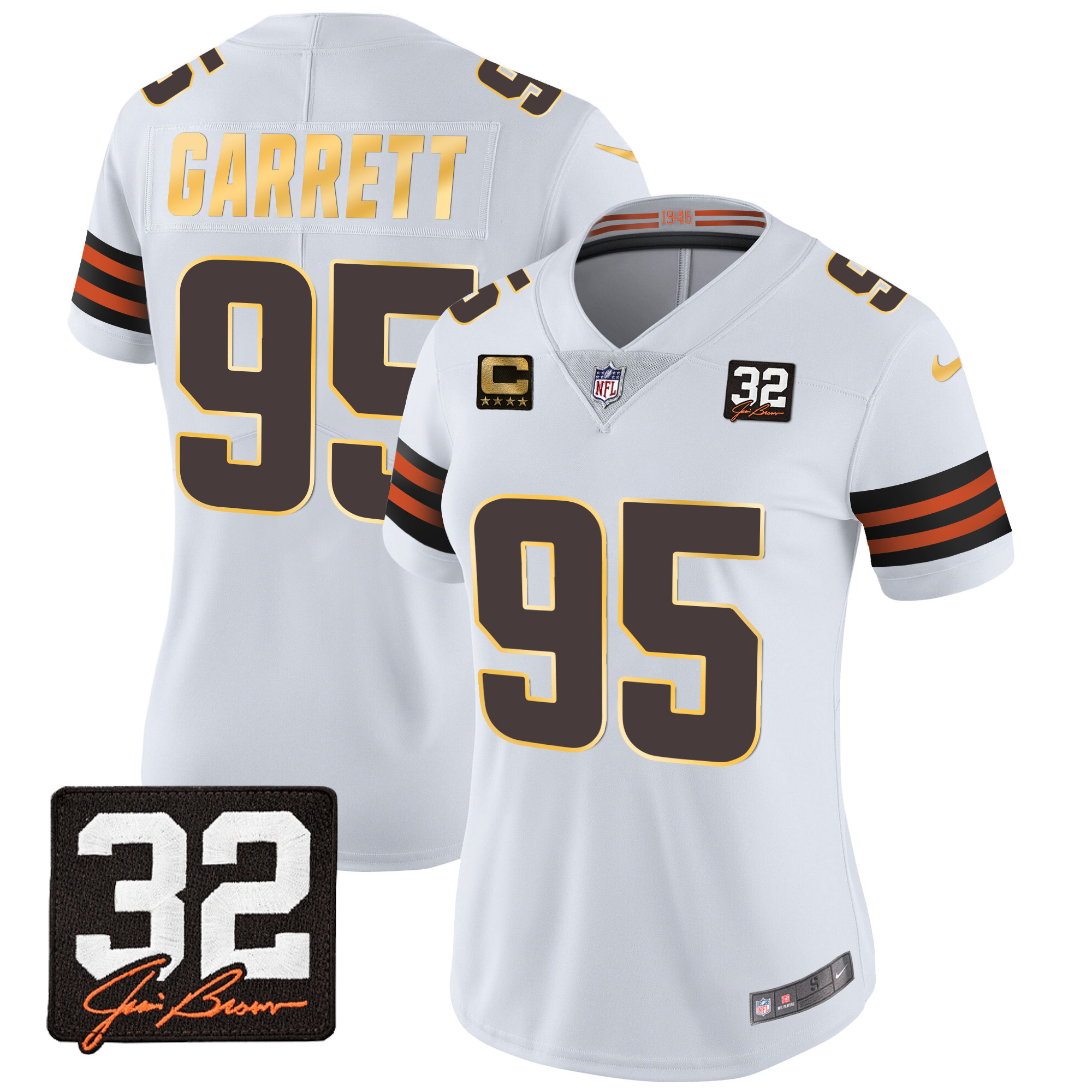 Myles Garrett Women's Cleveland Browns #32 Jim Brown Memorial Patch Gold Trim White Jersey - All Stitched