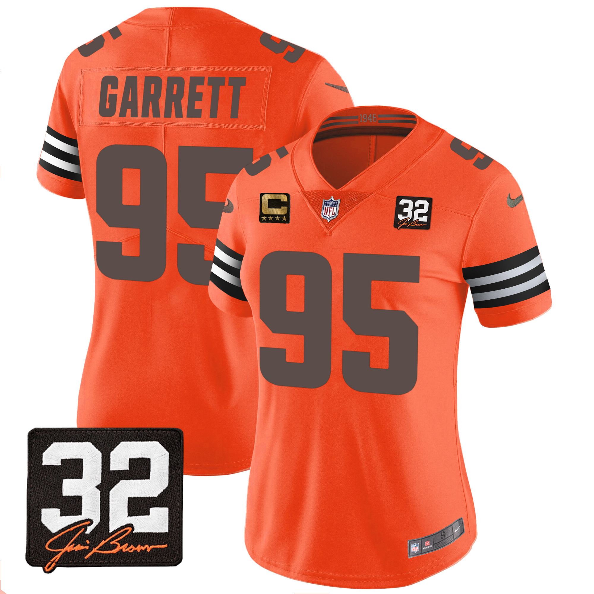 Myles Garrett Women's Cleveland Browns #32 Jim Brown Memorial Patch Orange Jersey - All Stitched