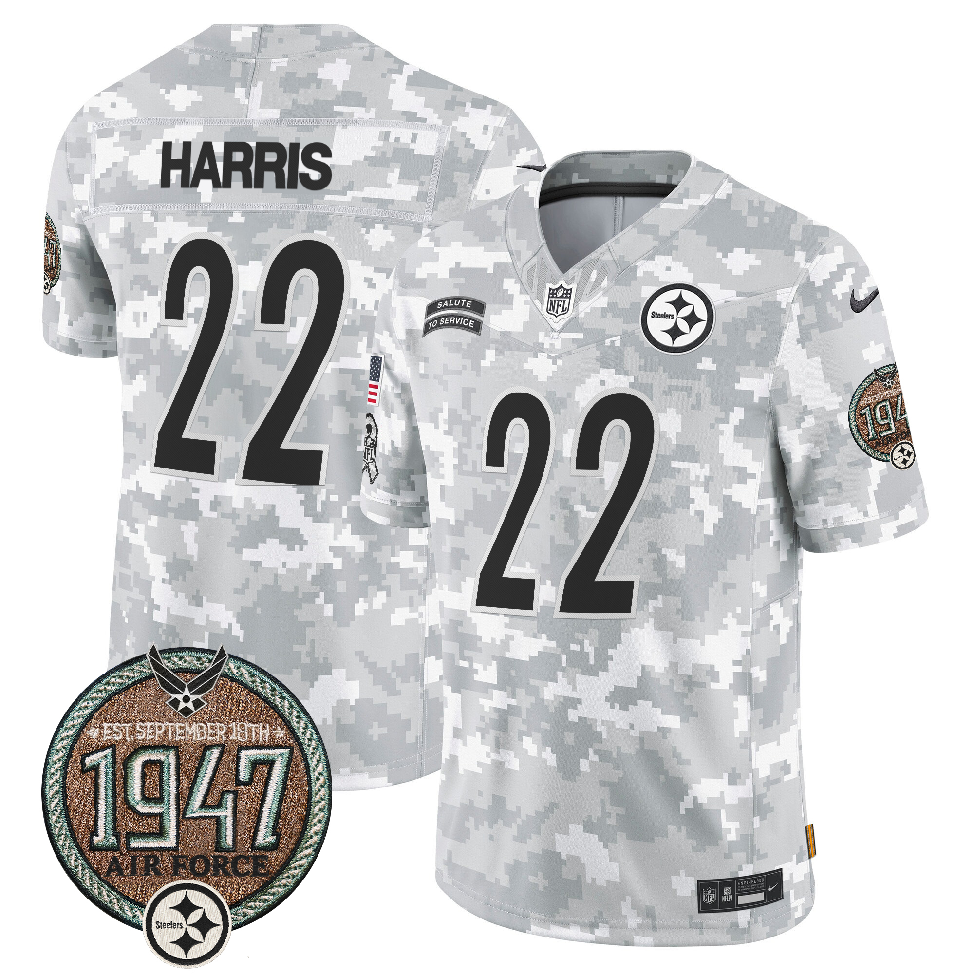 Najee Harris Men's Pittsburgh Steelers 2024 Salute to Service Establishment Year Patch Vapor Limited Air Force Jersey - All Stitched