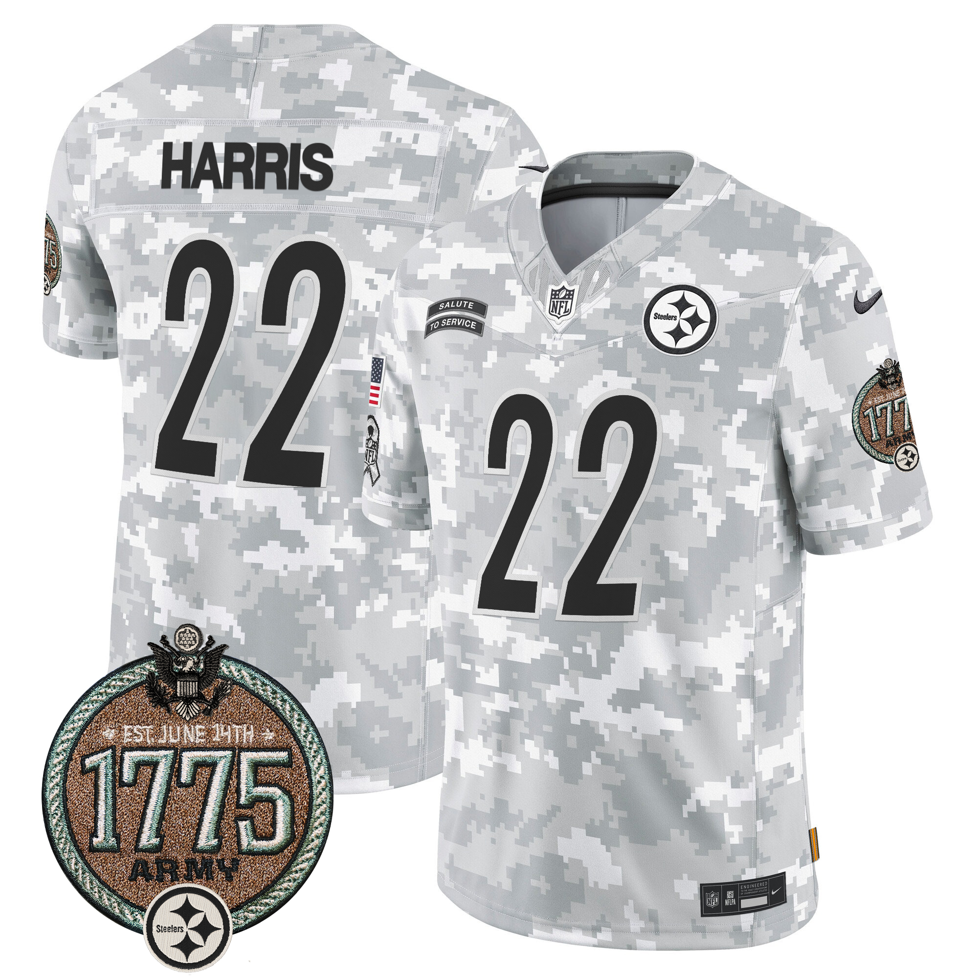 Najee Harris Men's Pittsburgh Steelers 2024 Salute to Service Establishment Year Patch Vapor Limited Army Jersey - All Stitched