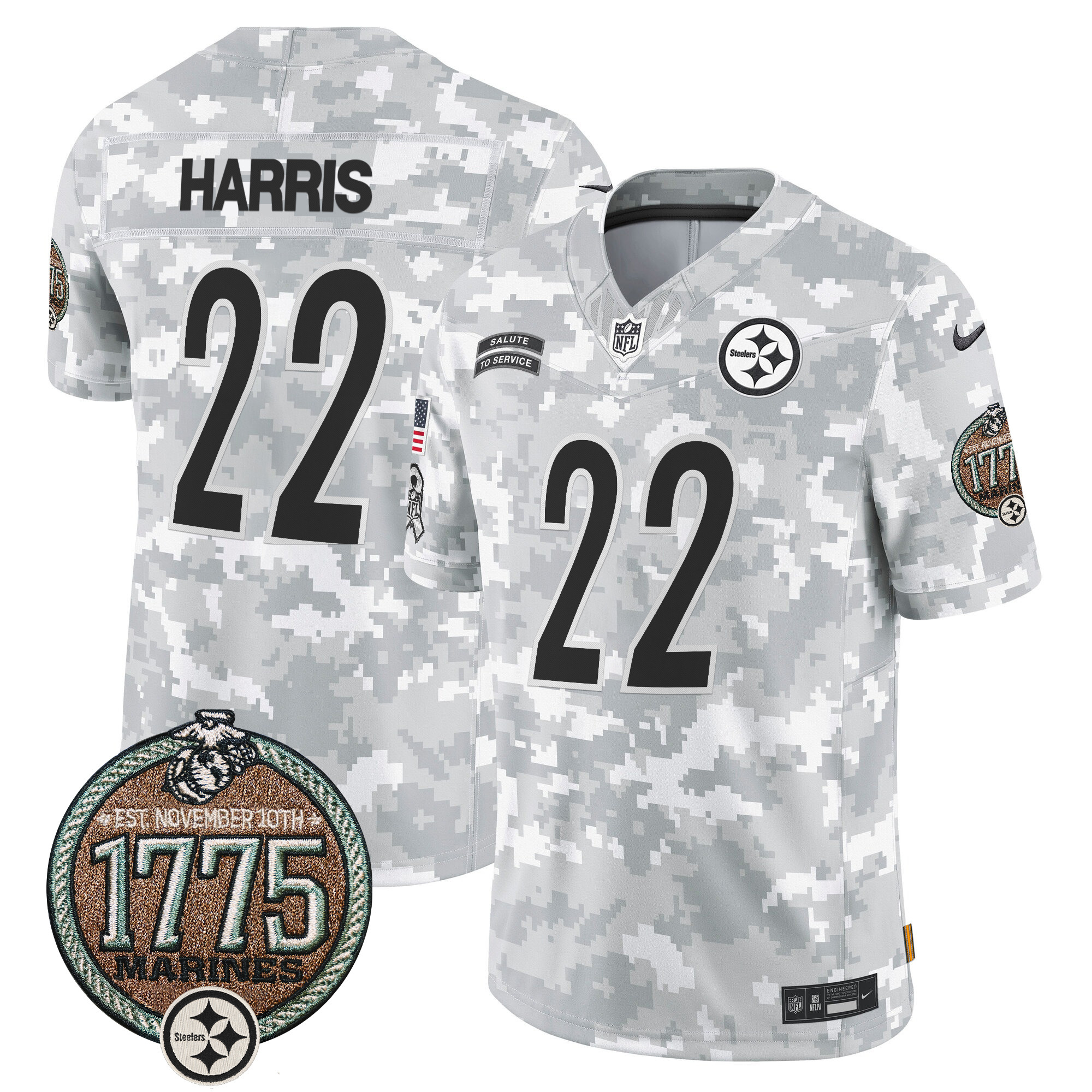 Najee Harris Men's Pittsburgh Steelers 2024 Salute to Service Establishment Year Patch Vapor Limited Marines Jersey - All Stitched