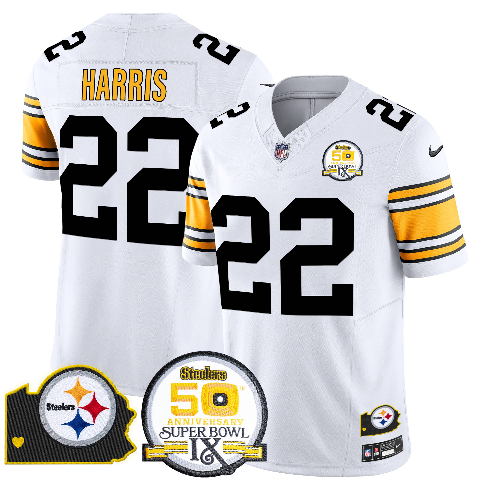 Najee Harris Men's Pittsburgh Steelers 50th Anniversary Of Super Bowl IX & Map Patch Vapor Limited 1975 White Jersey - All Stitched