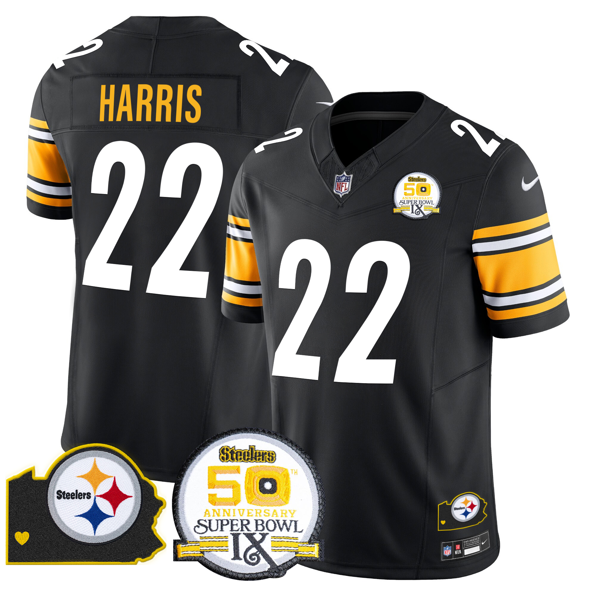 Najee Harris Men's Pittsburgh Steelers 50th Anniversary Of Super Bowl IX & Map Patch Vapor Limited Black Jersey - All Stitched