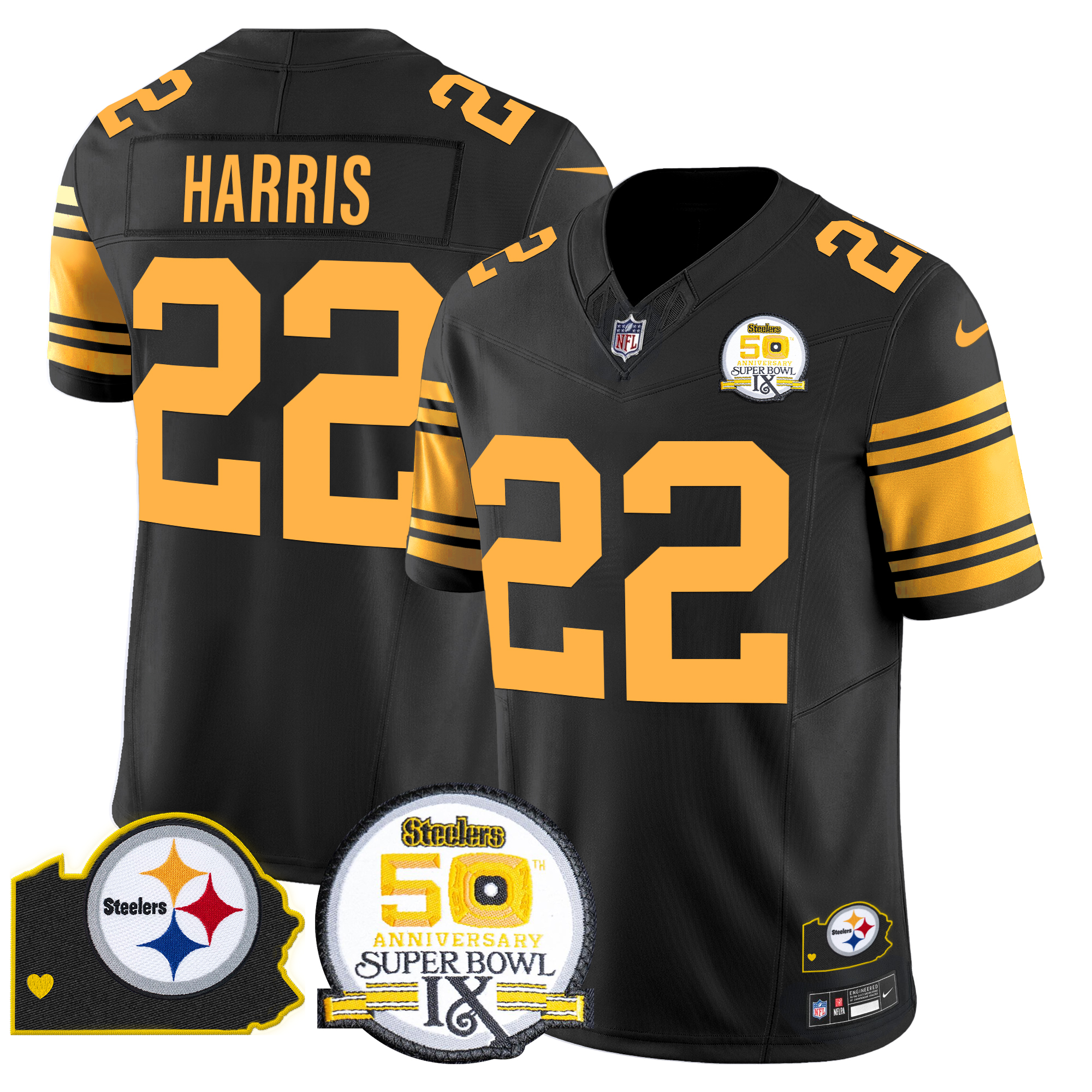 Najee Harris Men's Pittsburgh Steelers 50th Anniversary Of Super Bowl IX & Map Patch Vapor Limited Color Rush Jersey - All Stitched