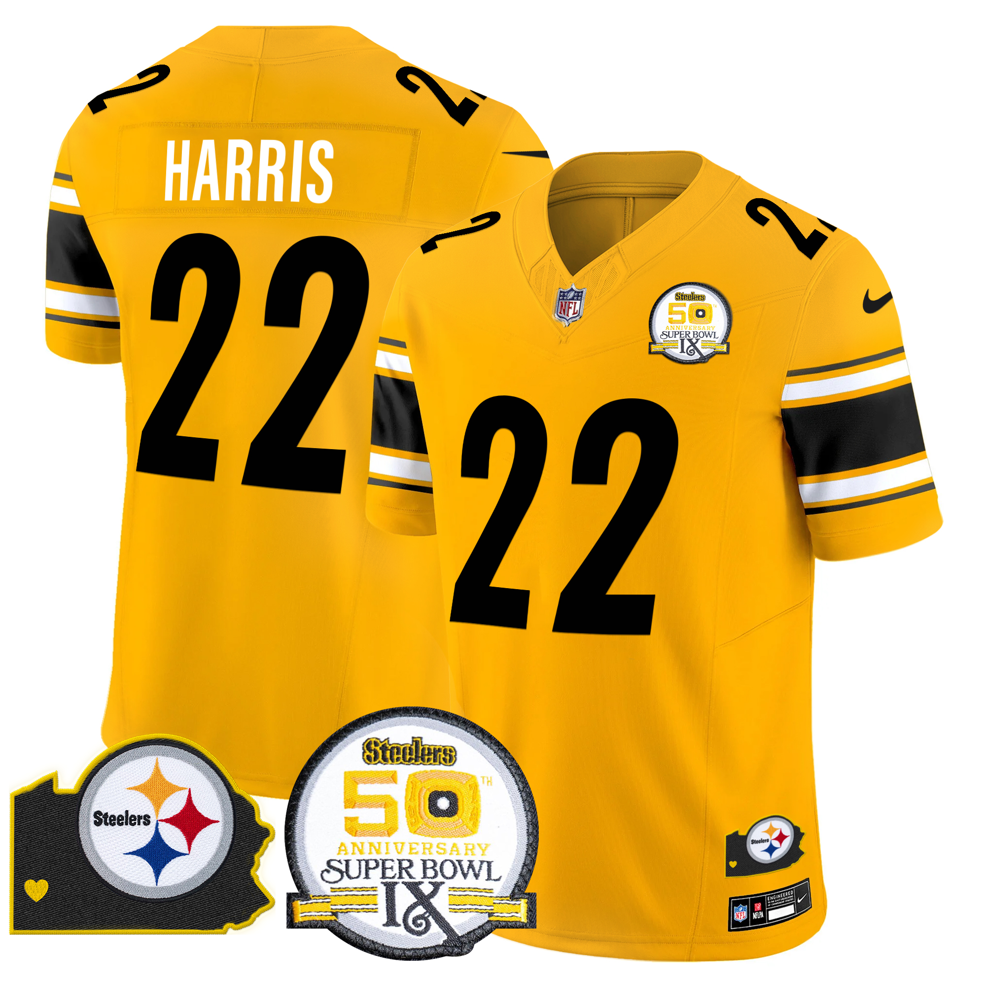 Najee Harris Men's Pittsburgh Steelers 50th Anniversary Of Super Bowl IX & Map Patch Vapor Limited Gold Jersey - All Stitched