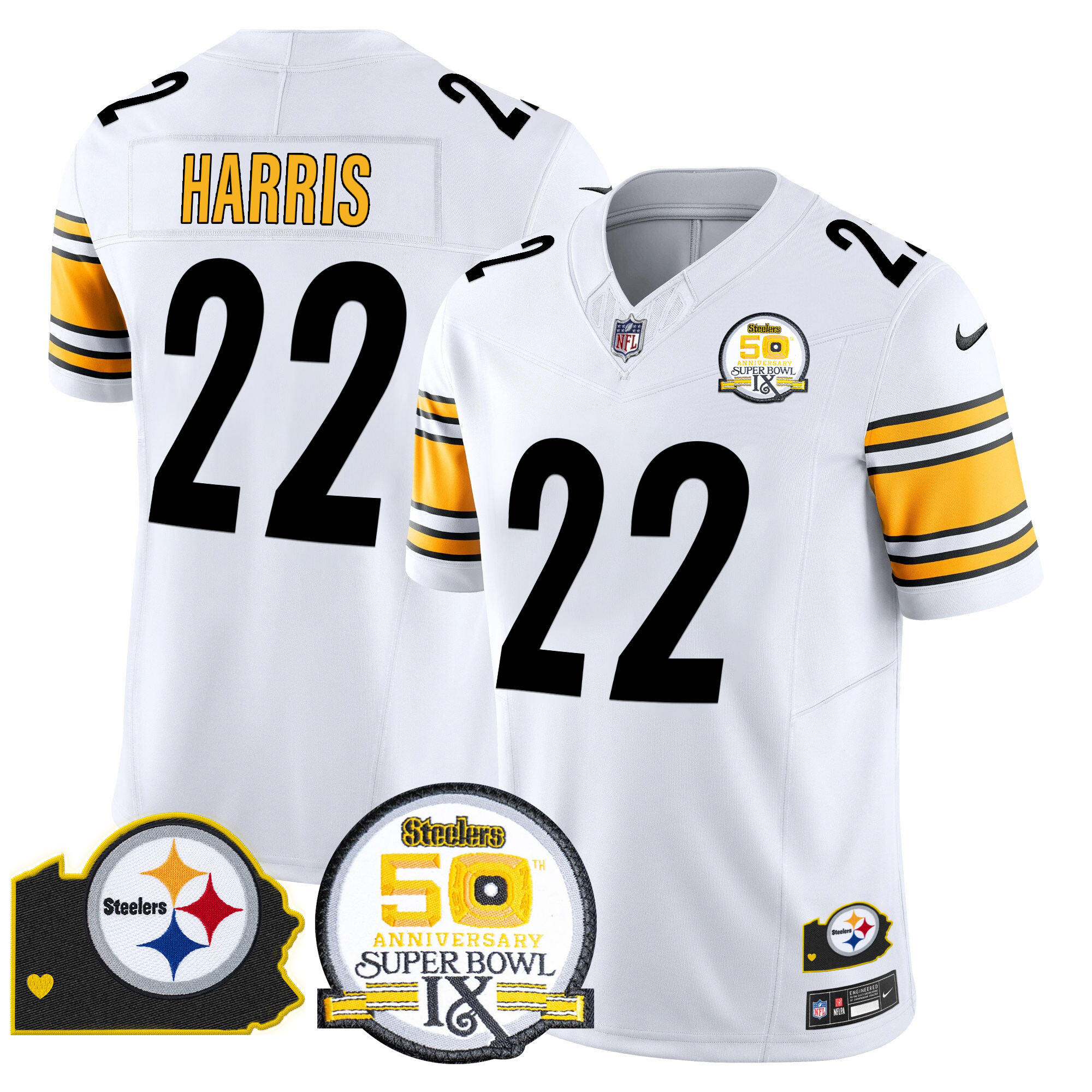 Najee Harris Men's Pittsburgh Steelers 50th Anniversary Of Super Bowl IX & Map Patch Vapor Limited White Jersey - All Stitched