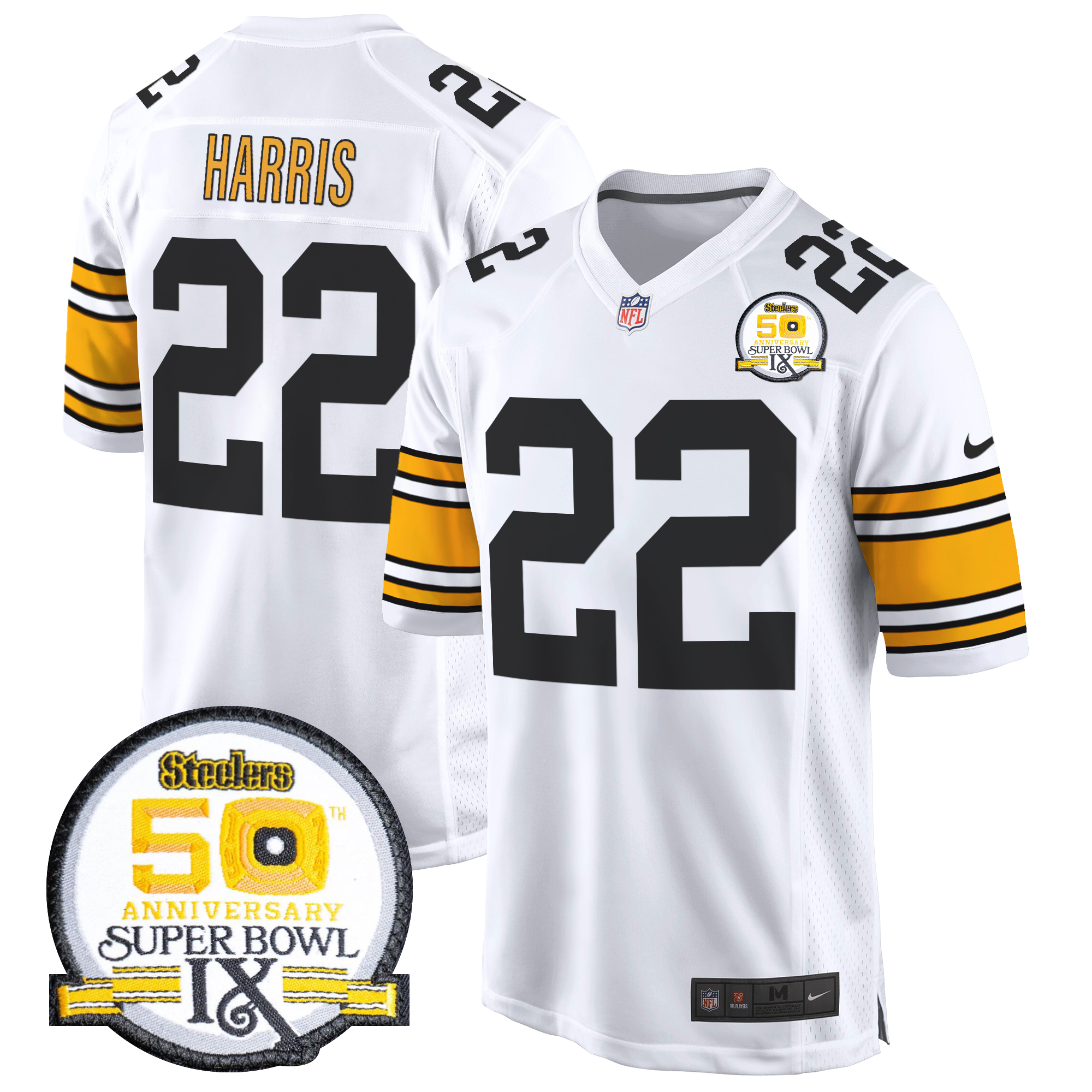 Najee Harris Men's Pittsburgh Steelers 50th Anniversary Of Super Bowl IX Patch Game 1975 White Jersey - All Stitched