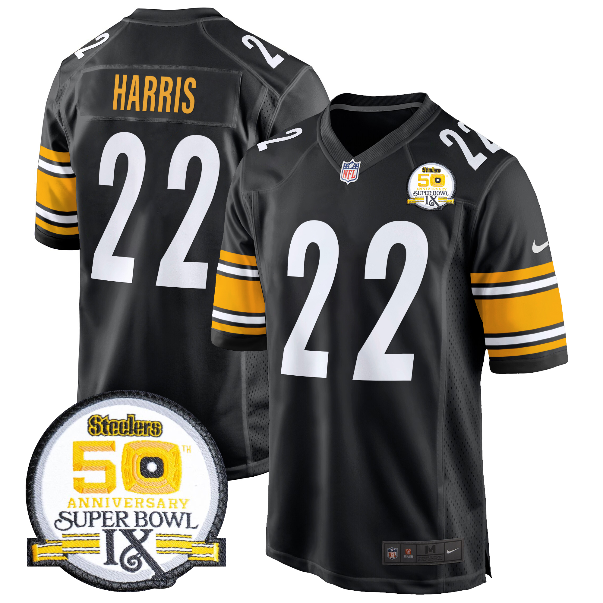 Najee Harris Men's Pittsburgh Steelers 50th Anniversary Of Super Bowl IX Patch Game Black Jersey - All Stitched