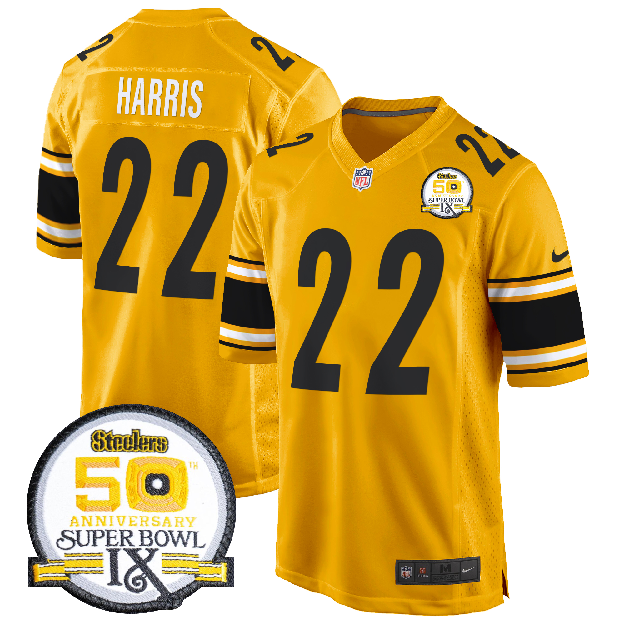 Najee Harris Men's Pittsburgh Steelers 50th Anniversary Of Super Bowl IX Patch Game Gold Jersey - All Stitched