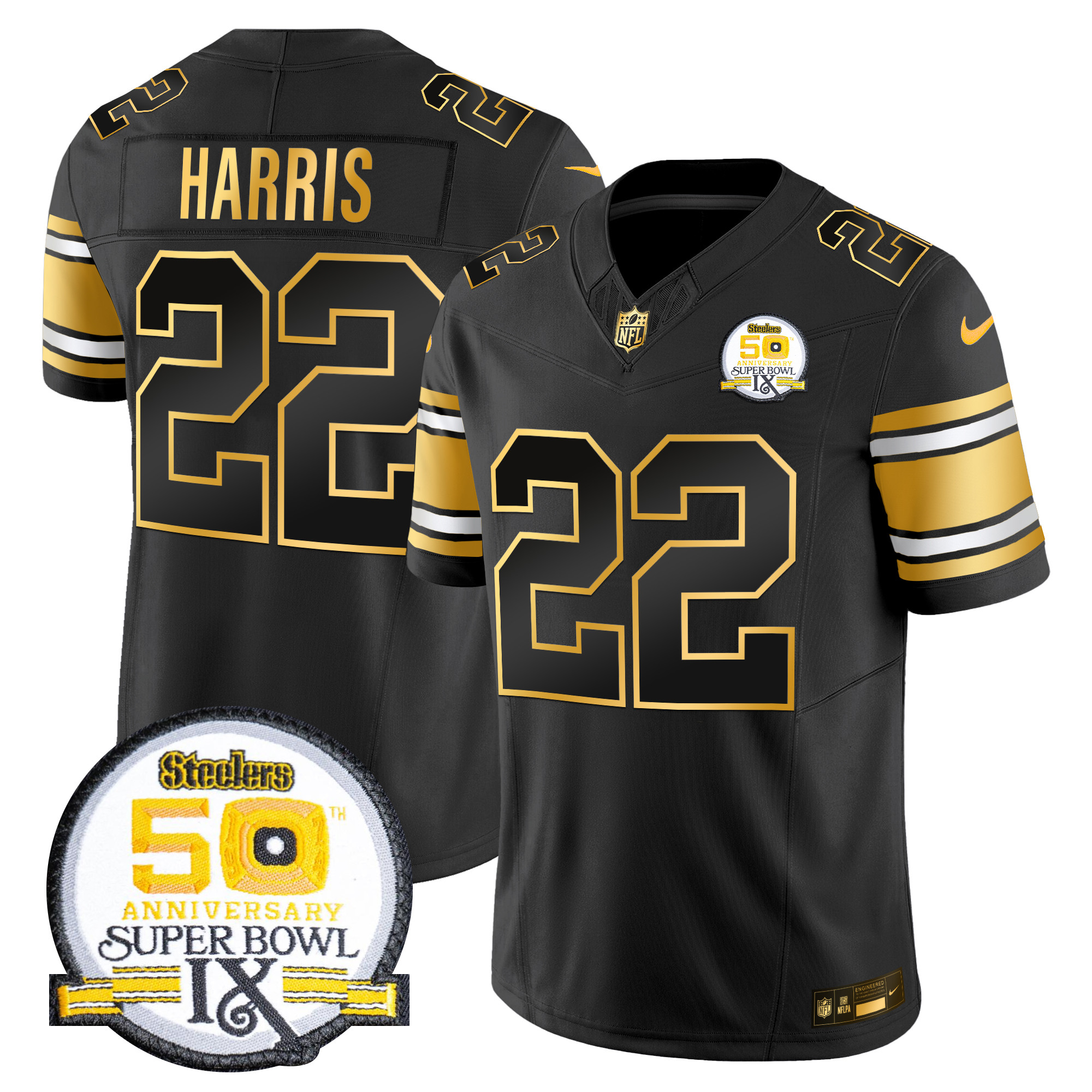 Najee Harris Men's Pittsburgh Steelers 50th Anniversary of Super Bowl IX Patch Gold Vapor Limited Black Gold Jersey - All Stitched