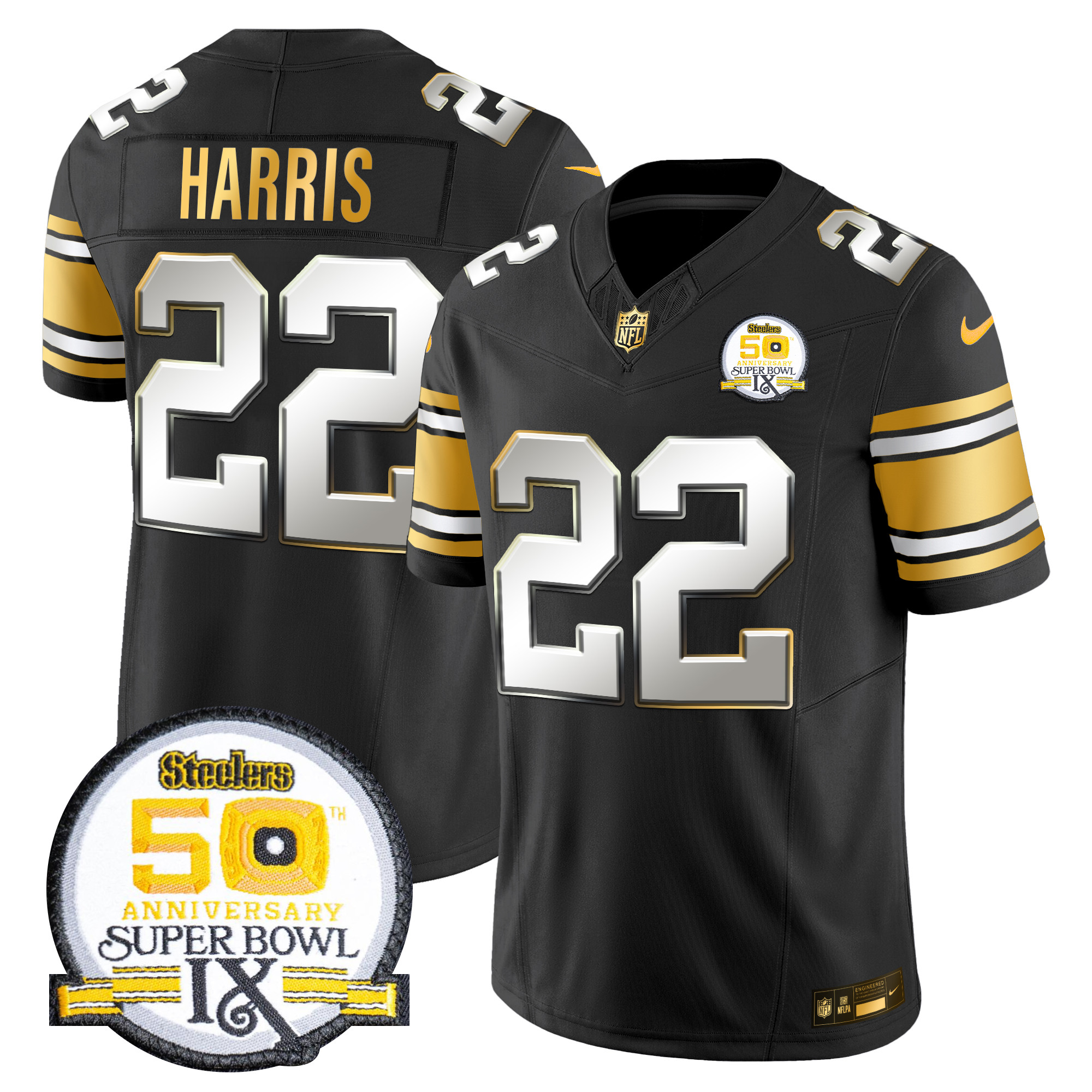 Najee Harris Men's Pittsburgh Steelers 50th Anniversary of Super Bowl IX Patch Gold Vapor Limited Black Limited Jersey - All Stitched
