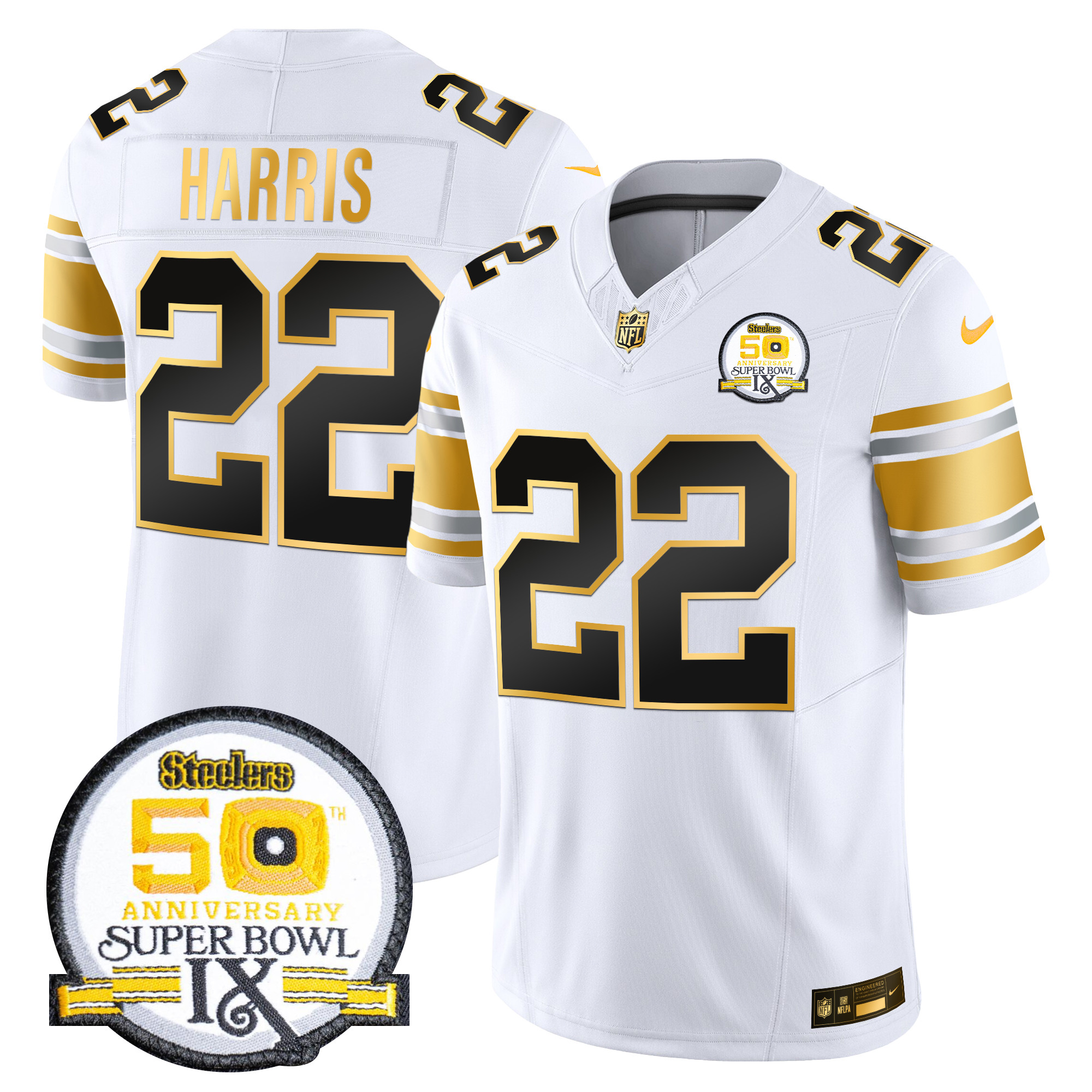 Najee Harris Men's Pittsburgh Steelers 50th Anniversary of Super Bowl IX Patch Gold Vapor Limited White Gold Jersey - All Stitched