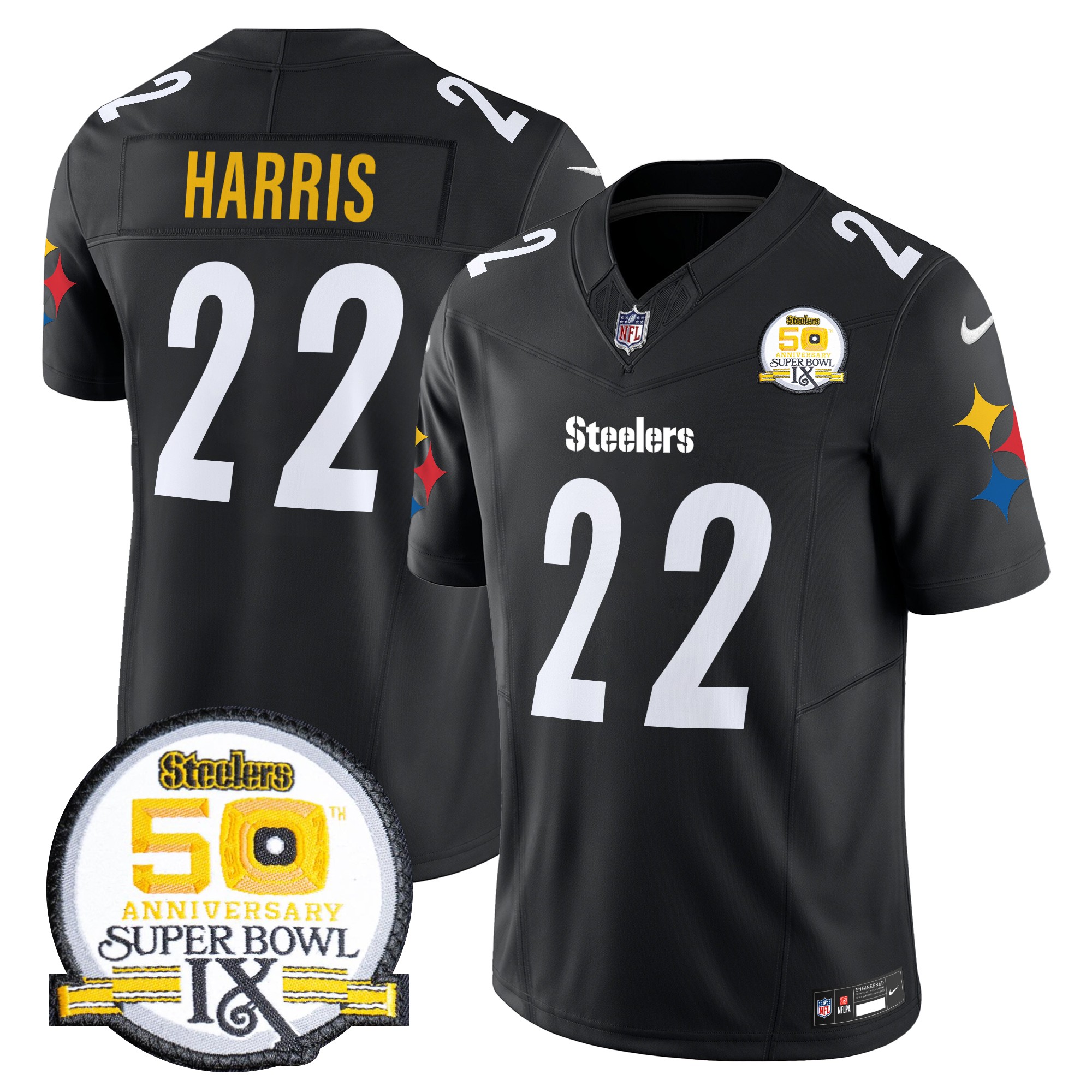 Najee Harris Men's Pittsburgh Steelers 50th Anniversary Of Super Bowl IX Patch Vapor Limited Black Jersey - All Stitched