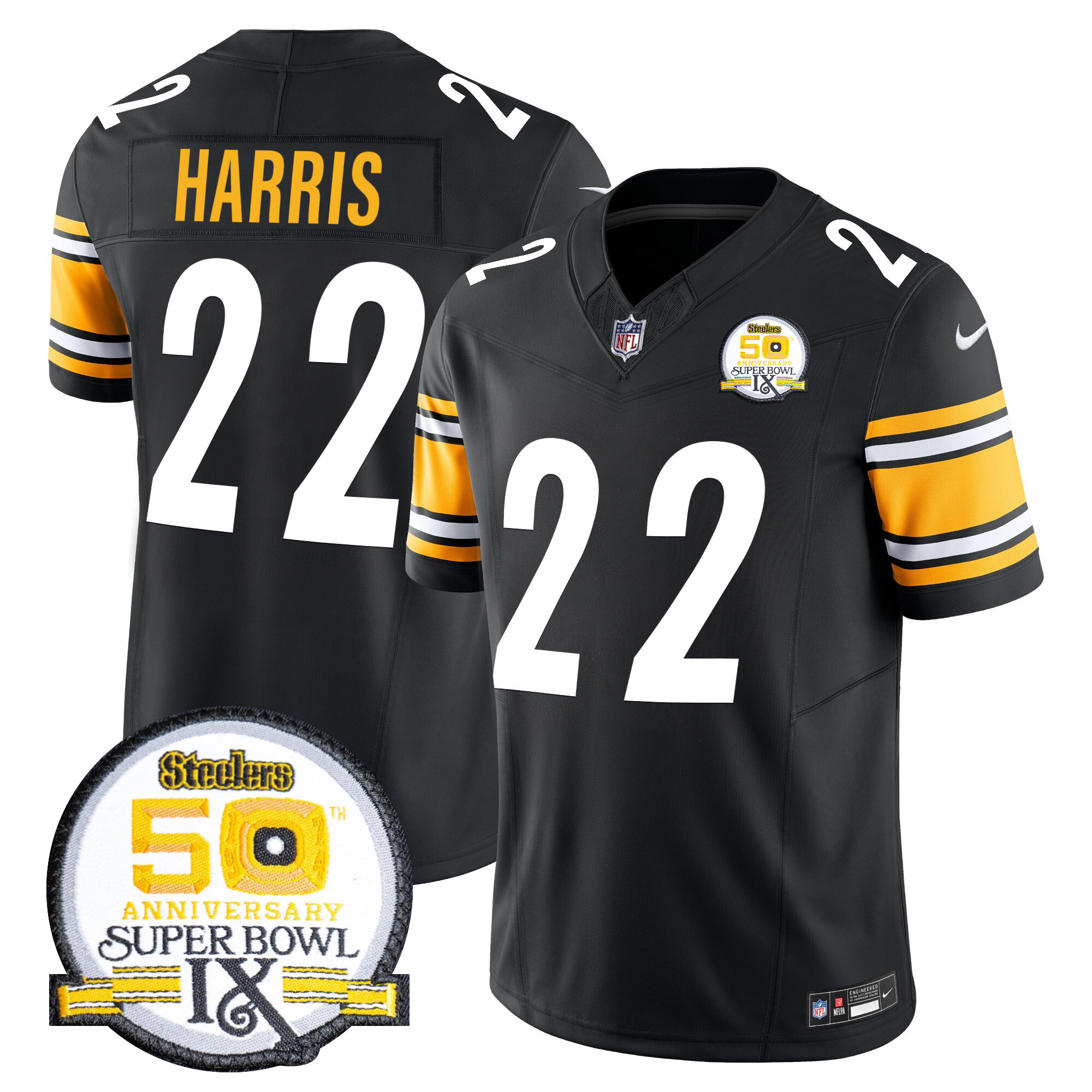 Najee Harris Men's Pittsburgh Steelers 50th Anniversary Of Super Bowl IX Patch Vapor Limited Black Jersey - All Stitched