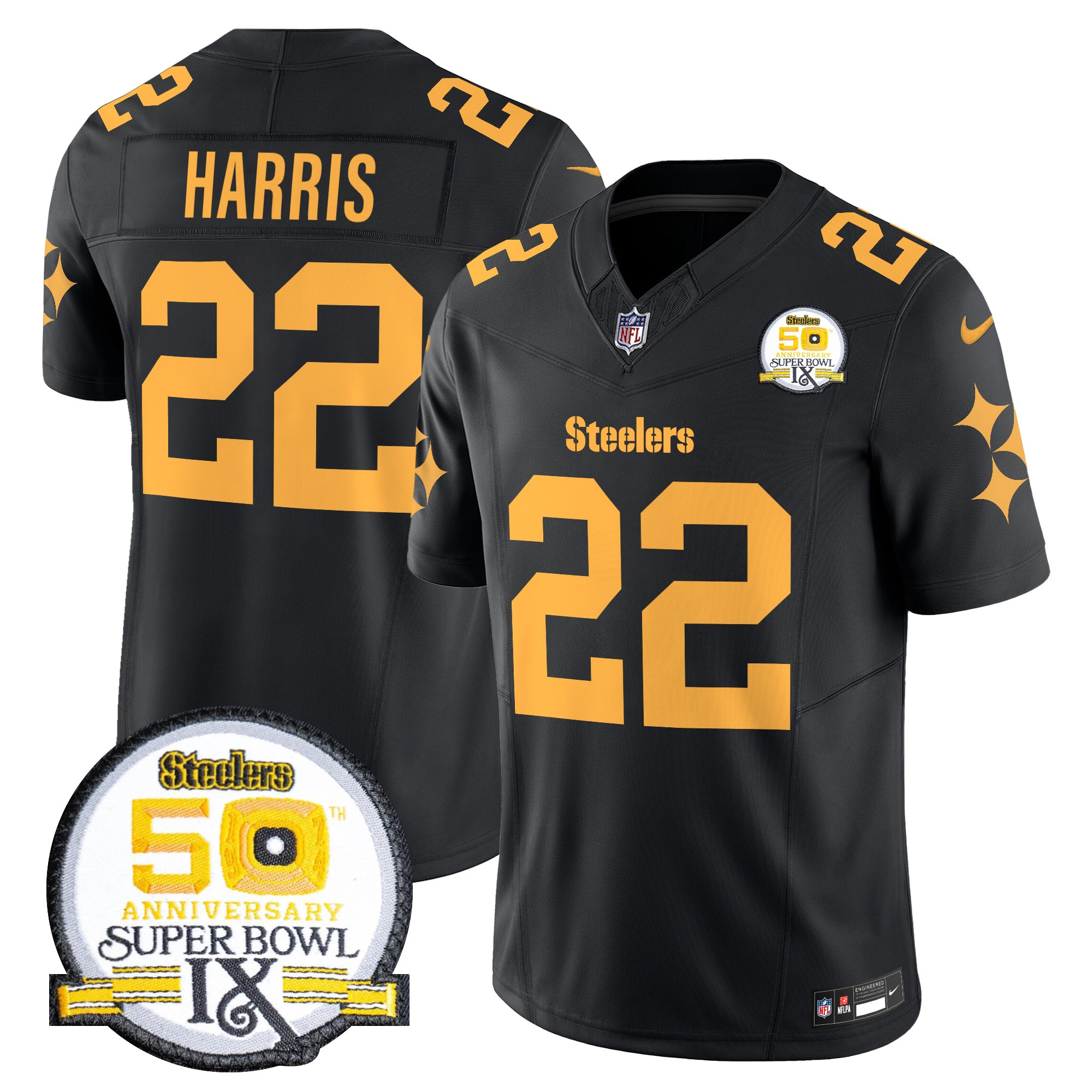 Najee Harris Men's Pittsburgh Steelers 50th Anniversary Of Super Bowl IX Patch Vapor Limited Color Rush Jersey - All Stitched