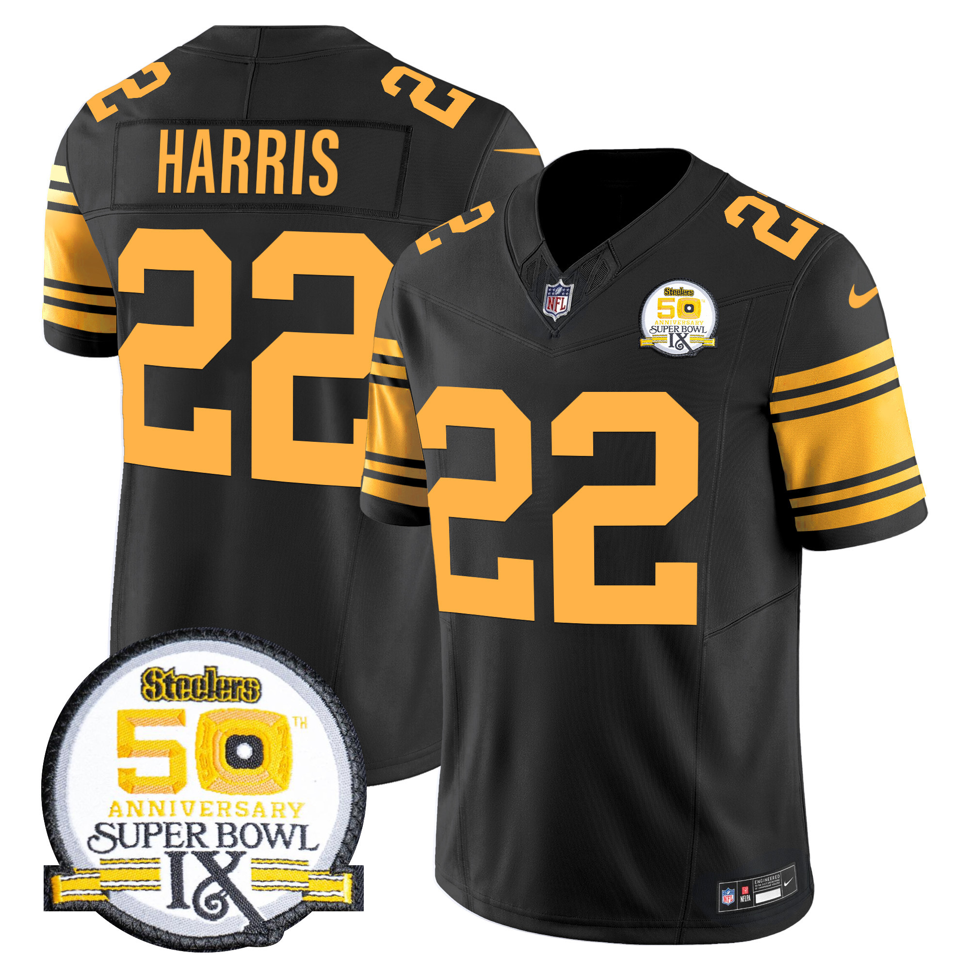 Najee Harris Men's Pittsburgh Steelers 50th Anniversary Of Super Bowl IX Patch Vapor Limited Color Rush Jersey - All Stitched
