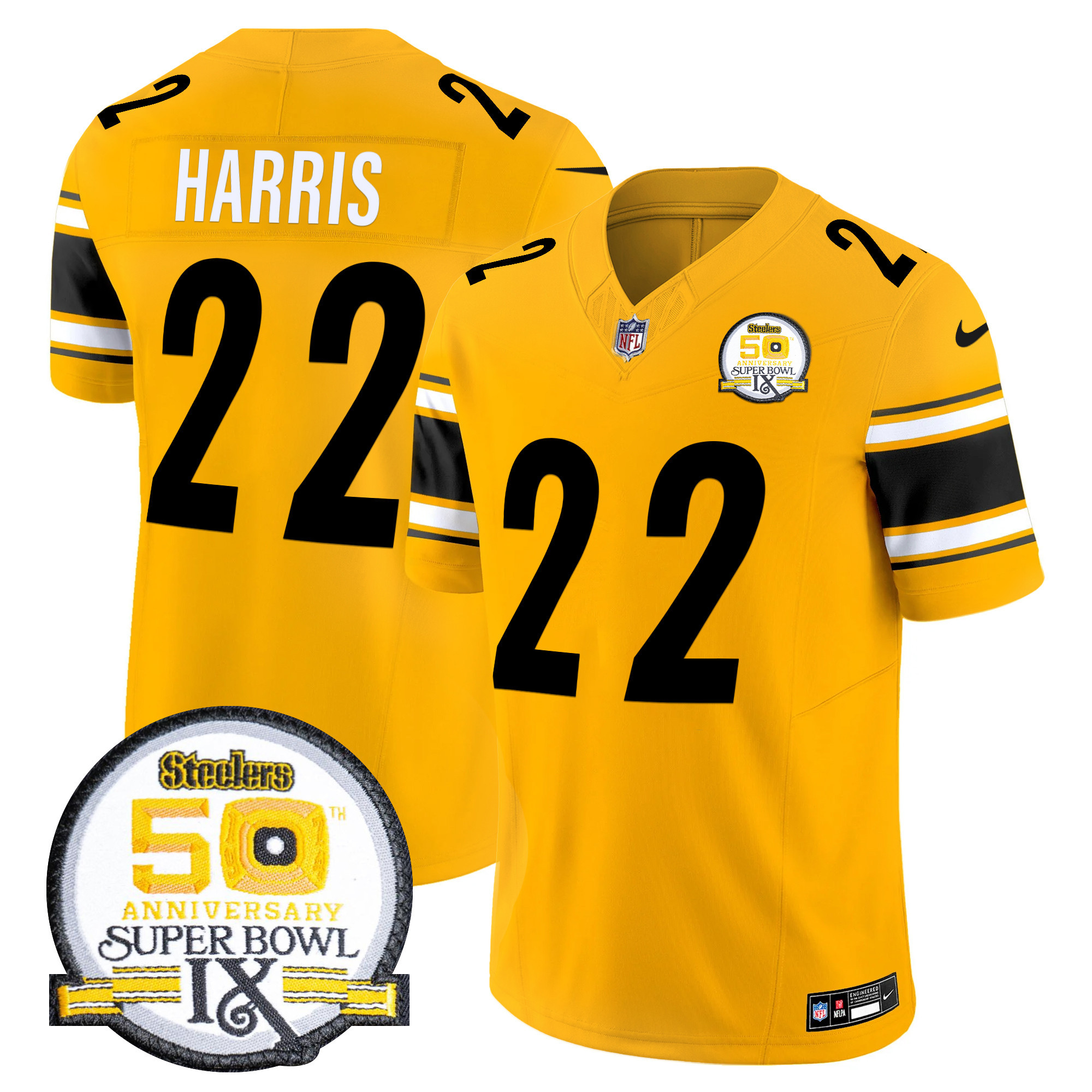 Najee Harris Men's Pittsburgh Steelers 50th Anniversary Of Super Bowl IX Patch Vapor Limited Gold Jersey - All Stitched