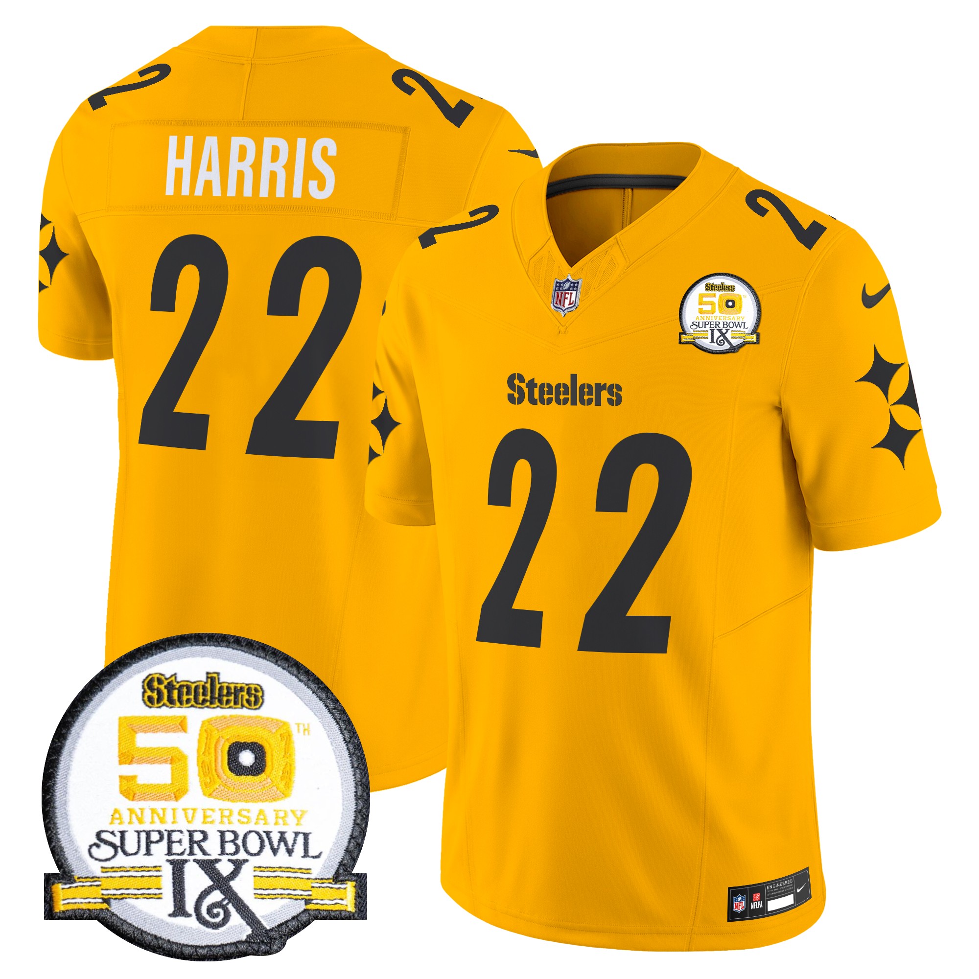 Najee Harris Men's Pittsburgh Steelers 50th Anniversary Of Super Bowl IX Patch Vapor Limited Gold Jersey - All Stitched