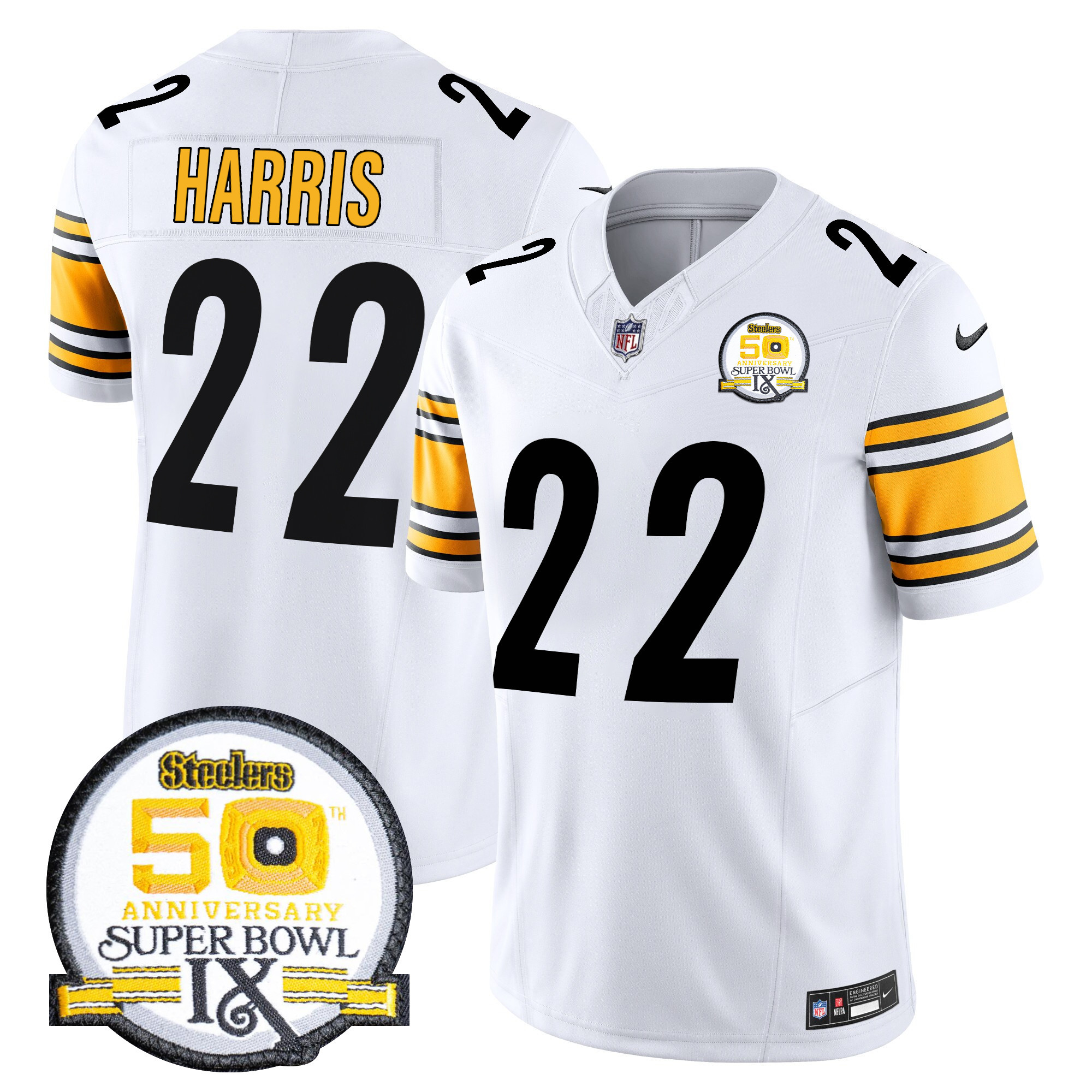 Najee Harris Men's Pittsburgh Steelers 50th Anniversary Of Super Bowl IX Patch Vapor Limited White Jersey - All Stitched