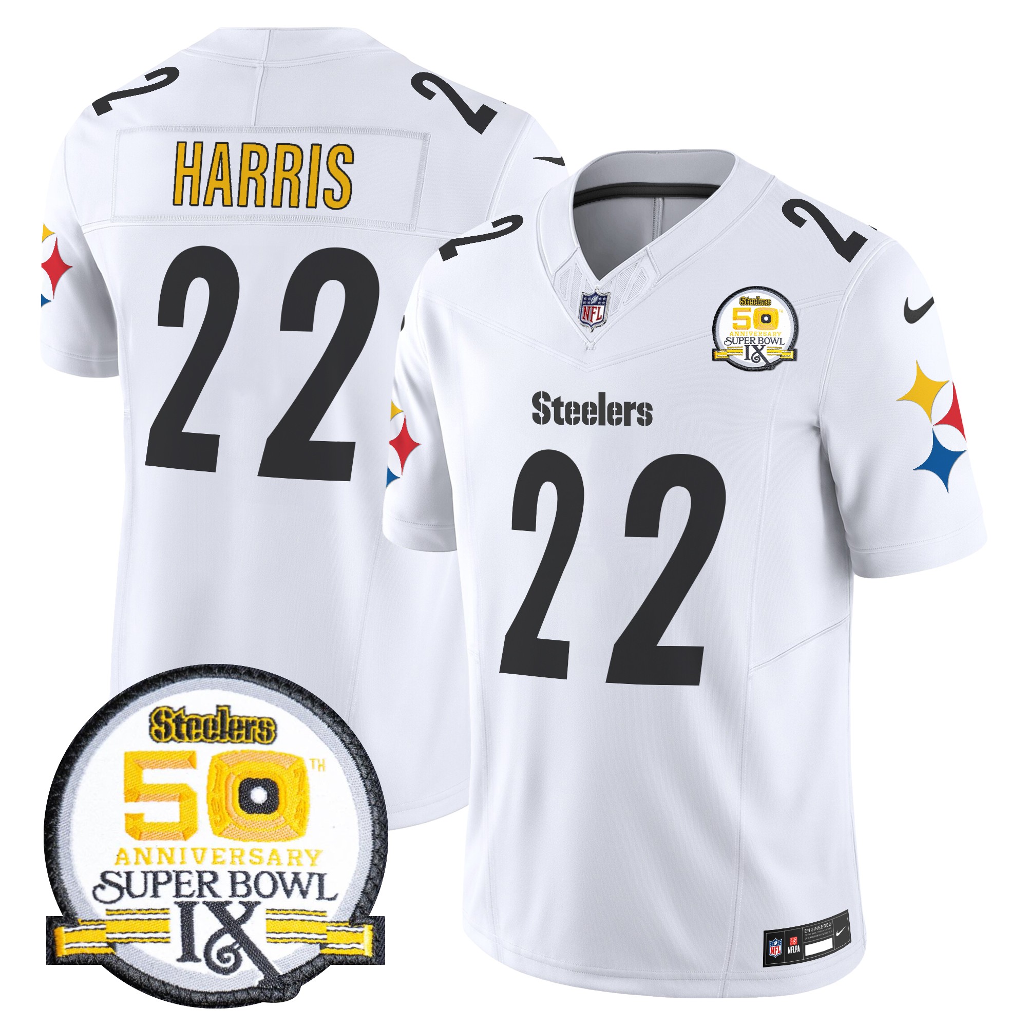 Najee Harris Men's Pittsburgh Steelers 50th Anniversary Of Super Bowl IX Patch Vapor Limited White Jersey - All Stitched