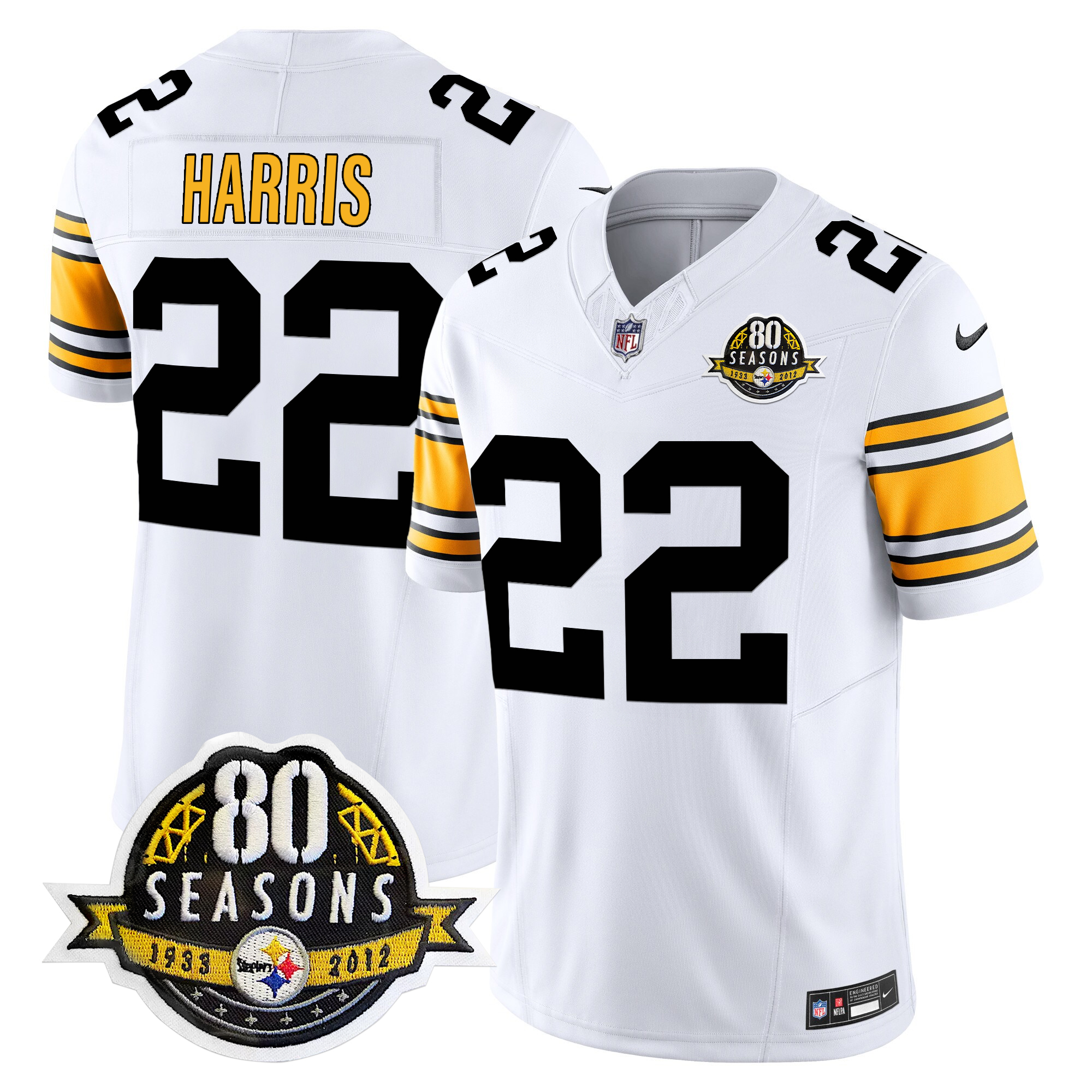 Najee Harris Men's Pittsburgh Steelers 80th Anniversary Patch Vapor Limited 1975 White Jersey - All Stitched