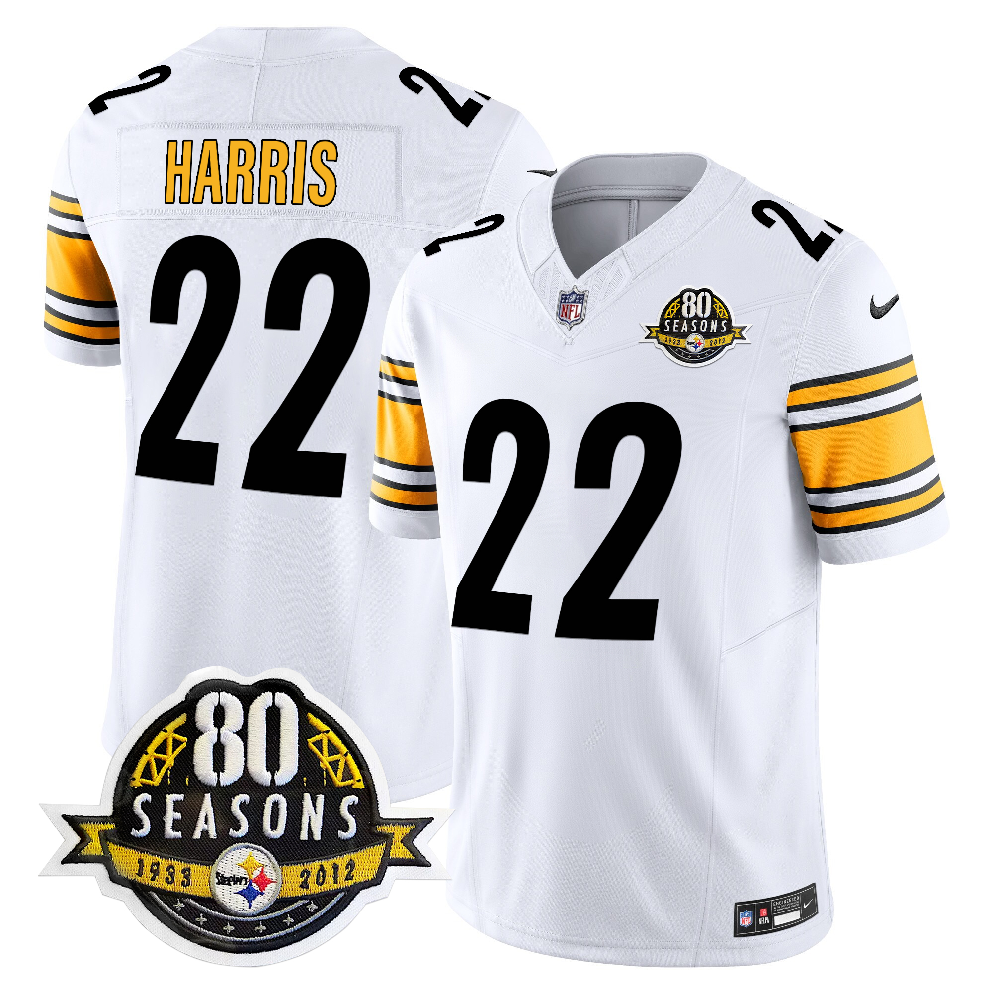 Najee Harris Men's Pittsburgh Steelers 80th Anniversary Patch Vapor Limited White Jersey - All Stitched