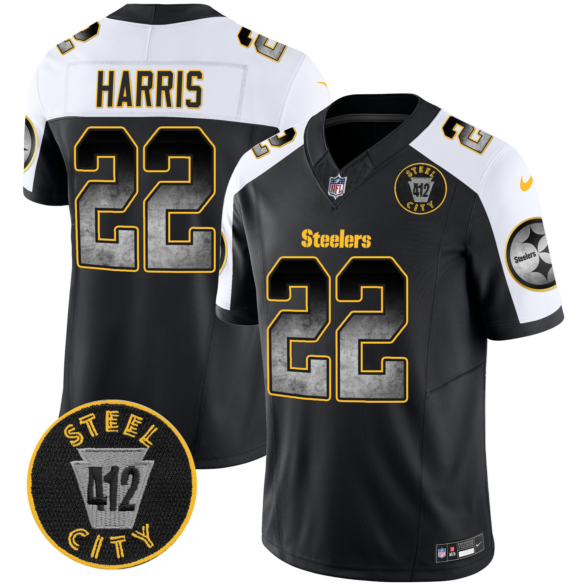 Najee Harris Men's Pittsburgh Steelers Arch Smoke 412 Patch Vapor Limited Alternate Jersey - All Stitched