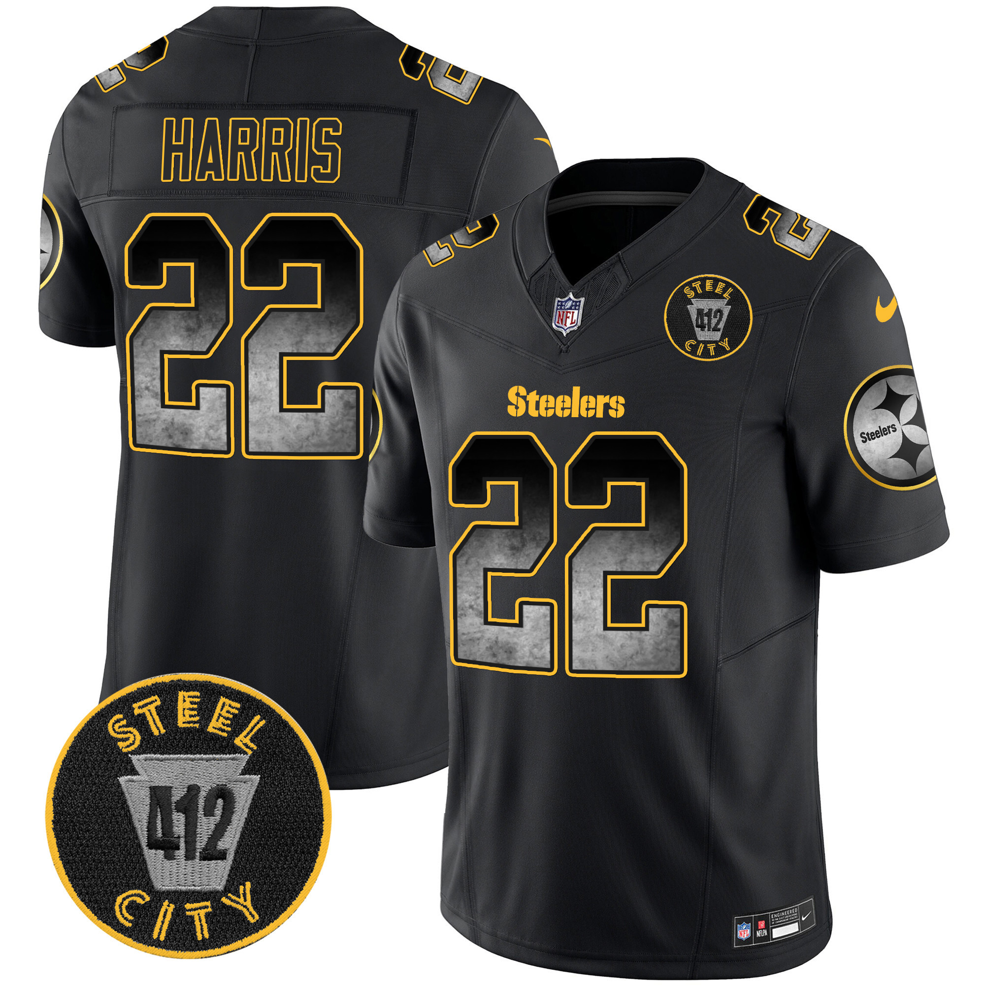 Najee Harris Men's Pittsburgh Steelers Arch Smoke 412 Patch Vapor Limited Black Jersey - All Stitched