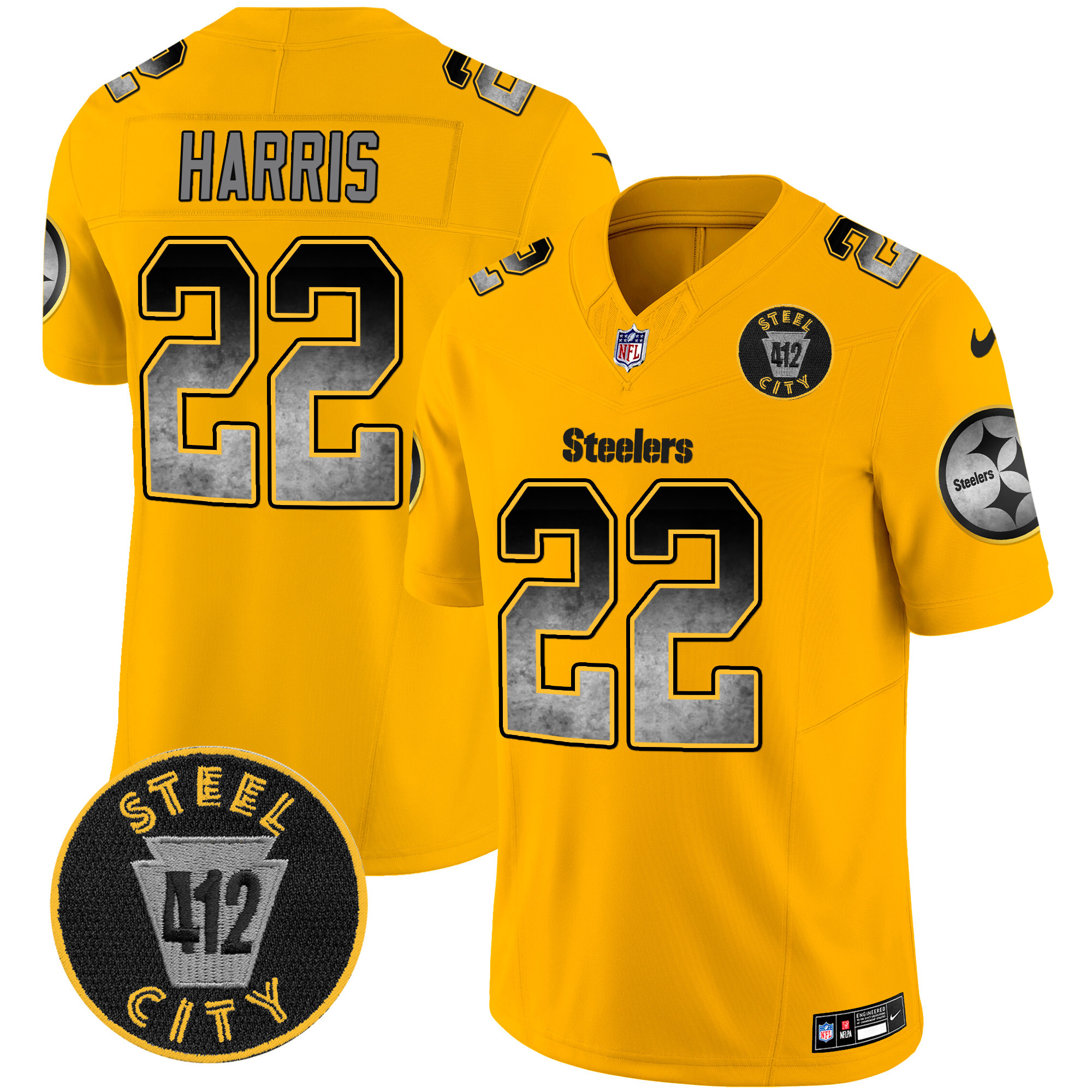 Najee Harris Men's Pittsburgh Steelers Arch Smoke 412 Patch Vapor Limited Gold Jersey - All Stitched