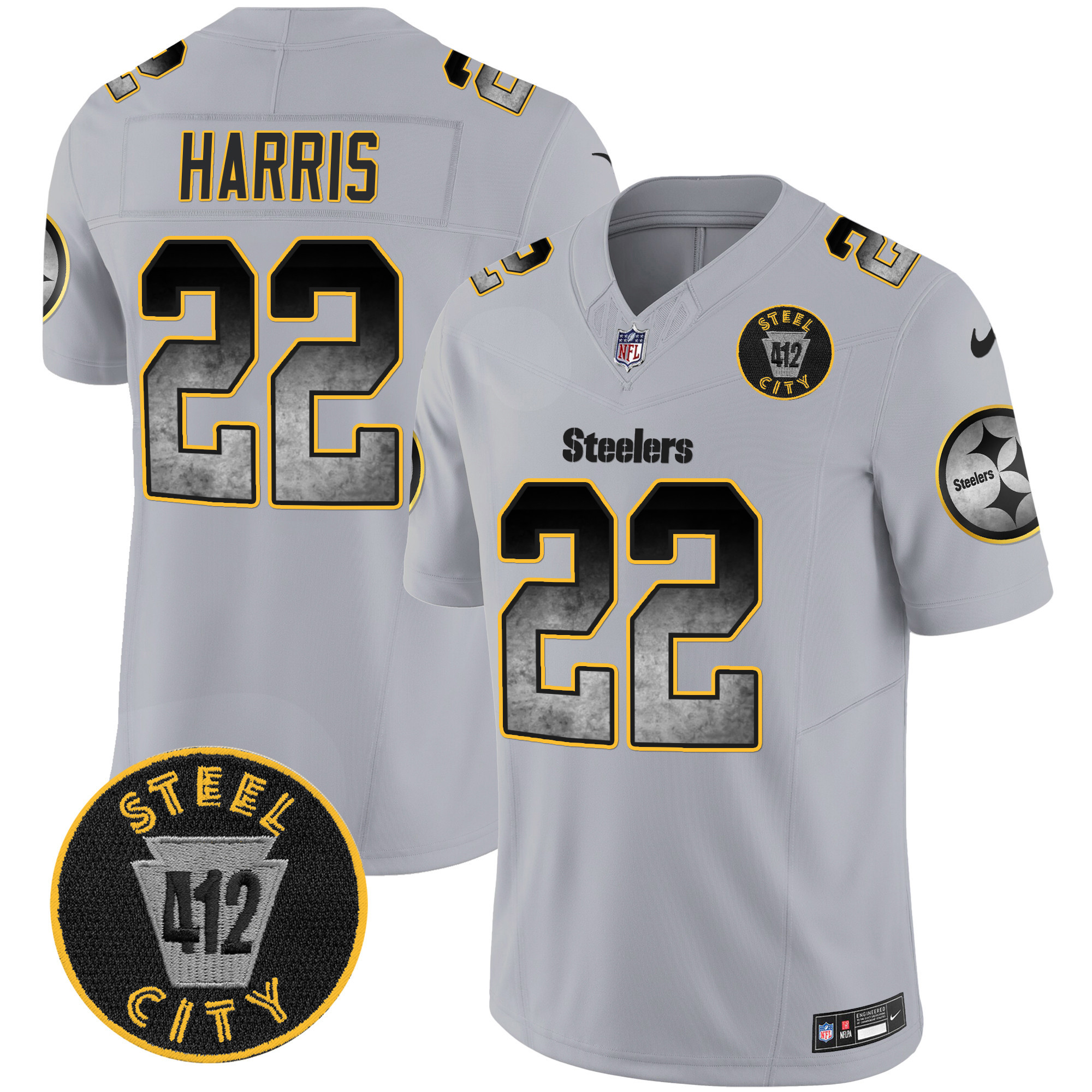 Najee Harris Men's Pittsburgh Steelers Arch Smoke 412 Patch Vapor Limited Gray Jersey - All Stitched