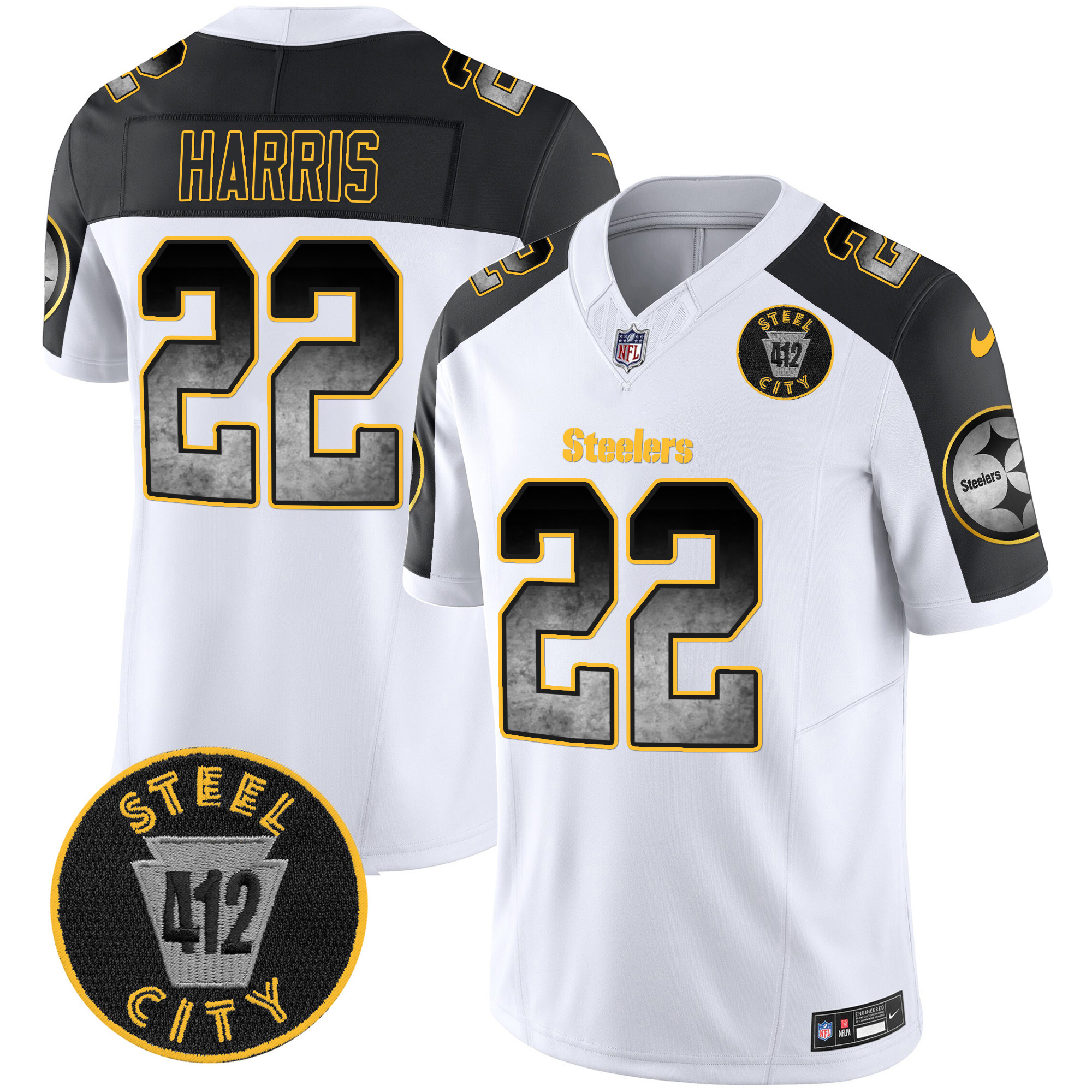 Najee Harris Men's Pittsburgh Steelers Arch Smoke 412 Patch Vapor Limited Inverted Jersey - All Stitched