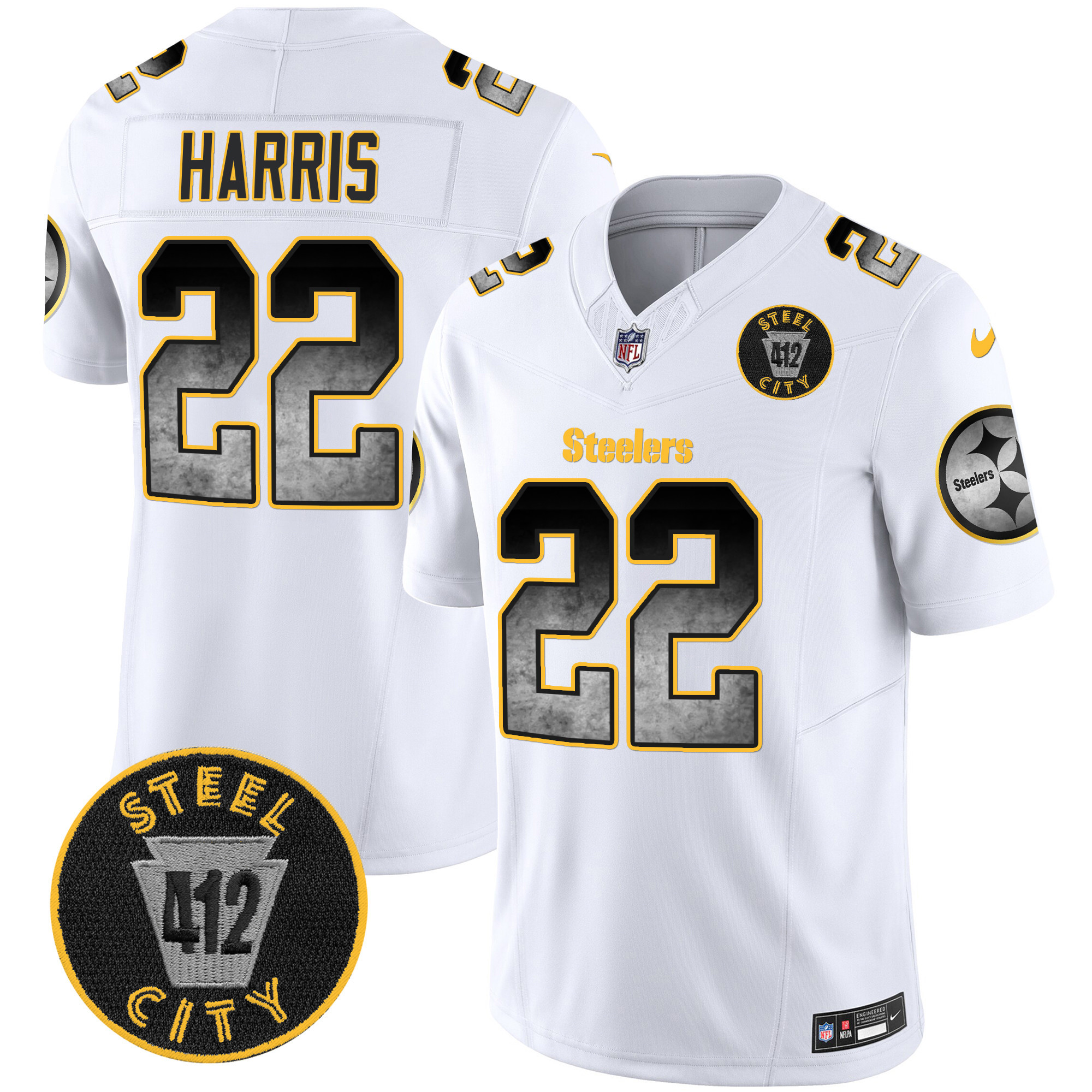 Najee Harris Men's Pittsburgh Steelers Arch Smoke 412 Patch Vapor Limited White Jersey - All Stitched