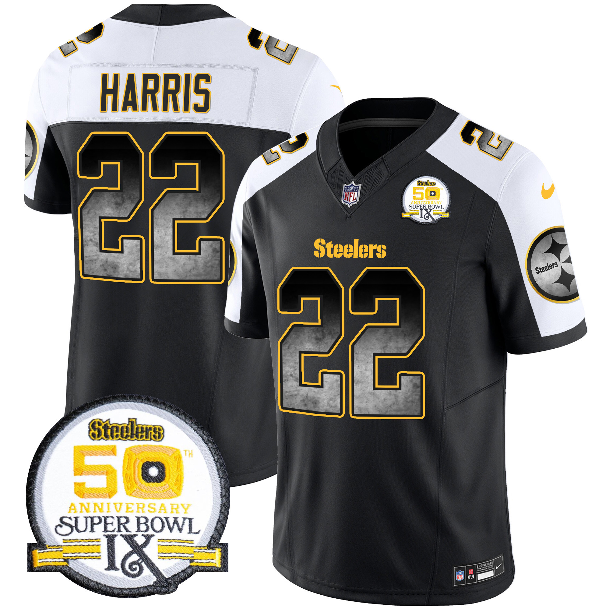 Najee Harris Men's Pittsburgh Steelers Arch Smoke 50th Anniversary Of Super Bowl IX Patch Vapor Limited Alternate Jersey - All Stitched