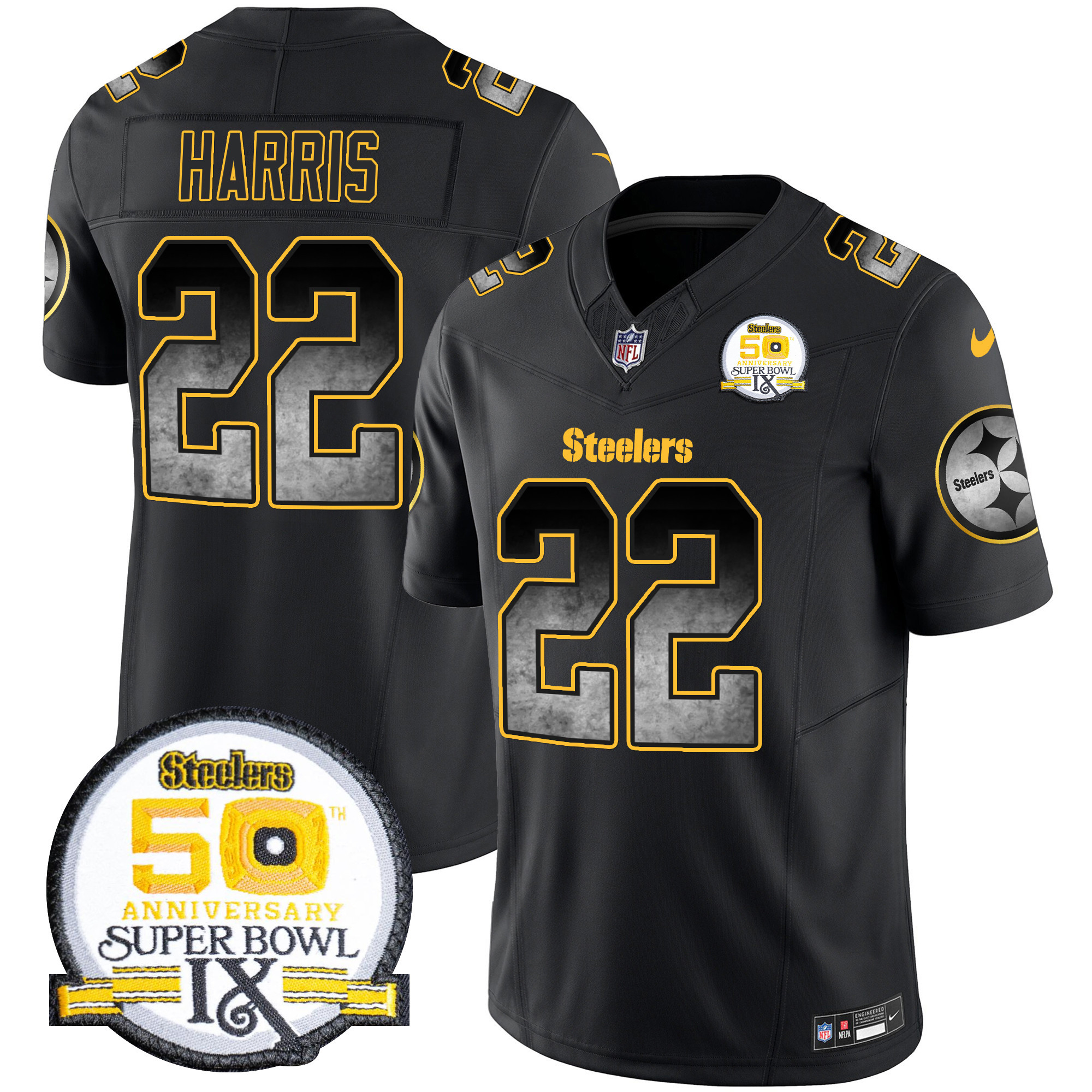 Najee Harris Men's Pittsburgh Steelers Arch Smoke 50th Anniversary Of Super Bowl IX Patch Vapor Limited Black Jersey - All Stitched
