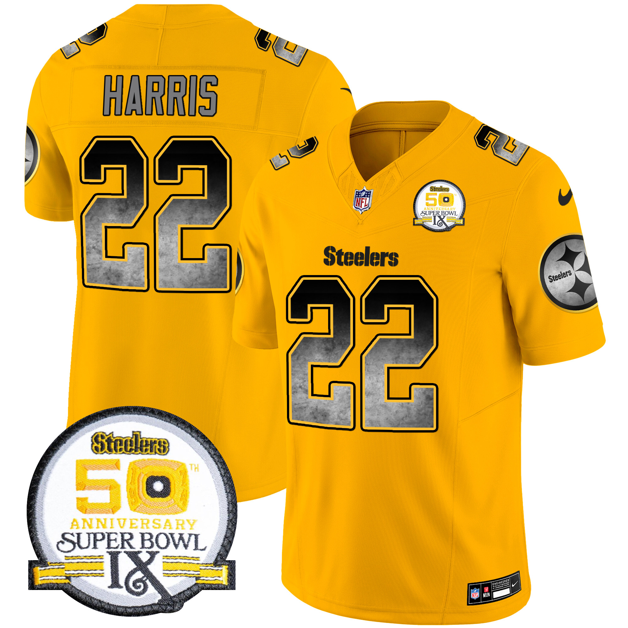 Najee Harris Men's Pittsburgh Steelers Arch Smoke 50th Anniversary Of Super Bowl IX Patch Vapor Limited Gold Jersey - All Stitched