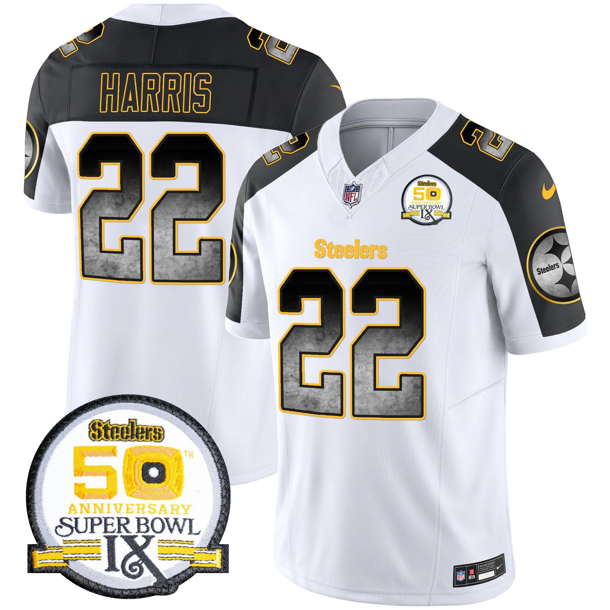 Najee Harris Men's Pittsburgh Steelers Arch Smoke 50th Anniversary Of Super Bowl IX Patch Vapor Limited Inverted Jersey - All Stitched