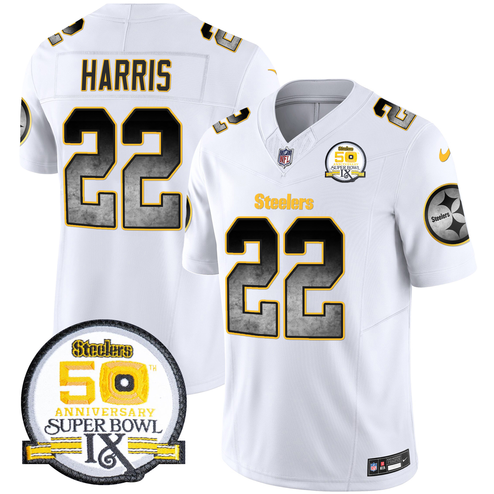 Najee Harris Men's Pittsburgh Steelers Arch Smoke 50th Anniversary Of Super Bowl IX Patch Vapor Limited White Jersey - All Stitched