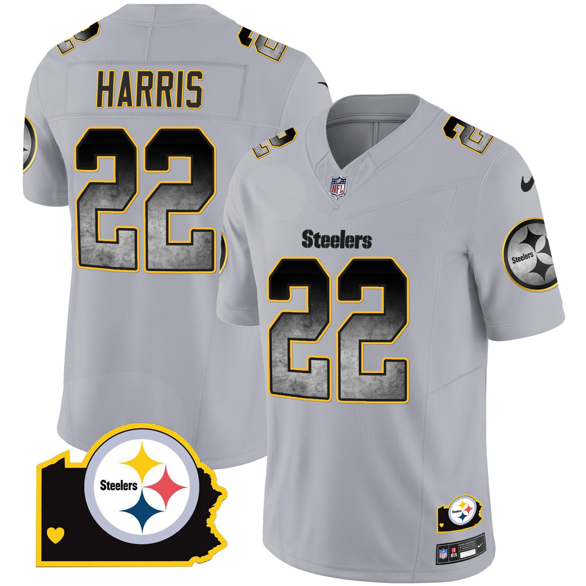 Najee Harris Men's Pittsburgh Steelers Arch Smoke Home Patch Vapor Gray Jersey - All Stitched