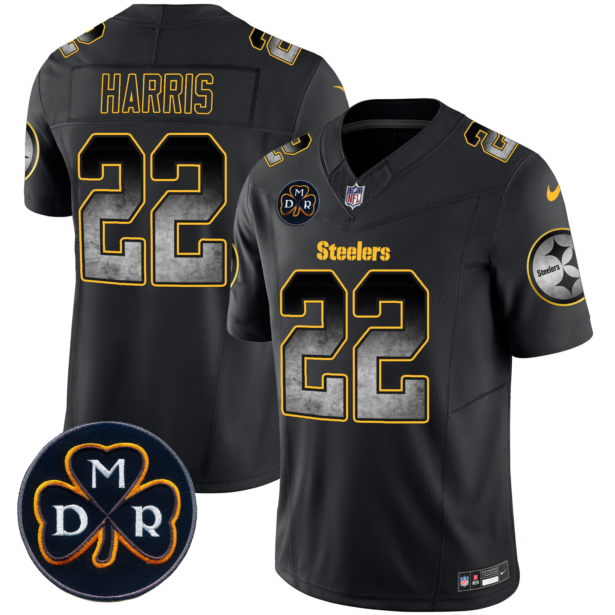 Najee Harris Men's Pittsburgh Steelers DMR Patch Arch Smoke Vapor Limited Black Jersey - All Stitched