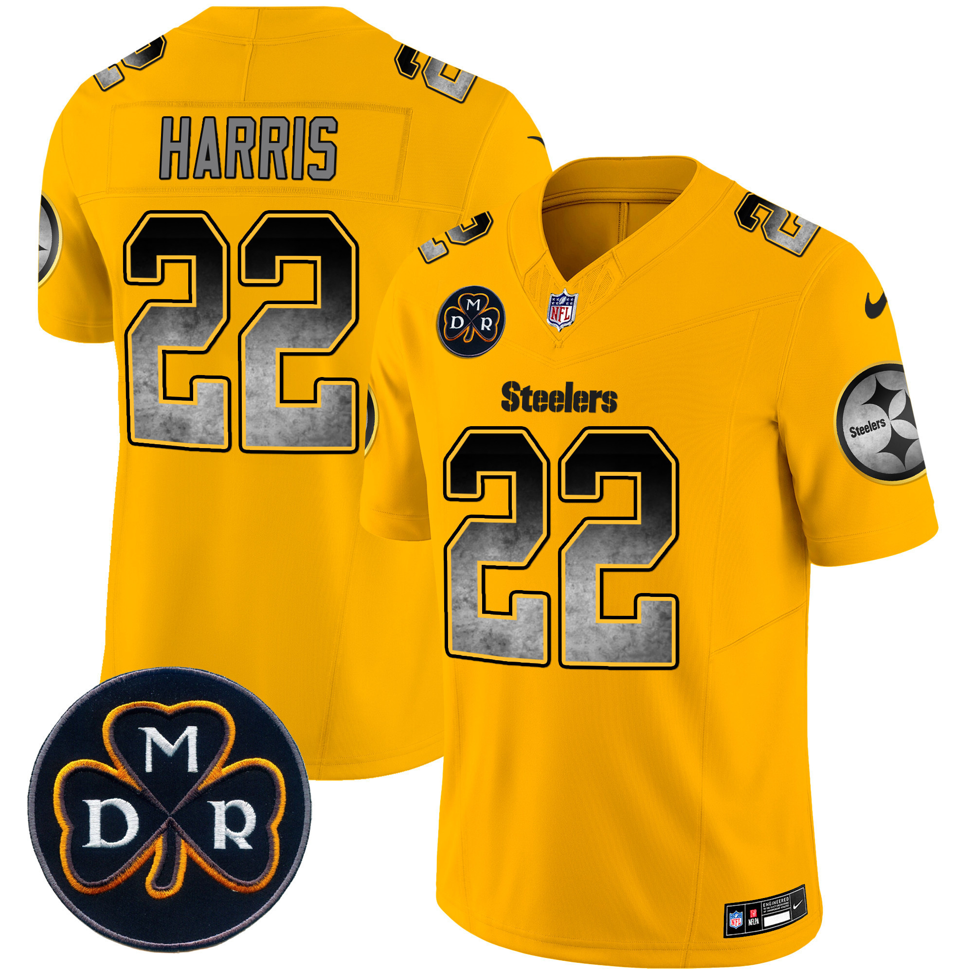 Najee Harris Men's Pittsburgh Steelers DMR Patch Arch Smoke Vapor Limited Gold Jersey - All Stitched