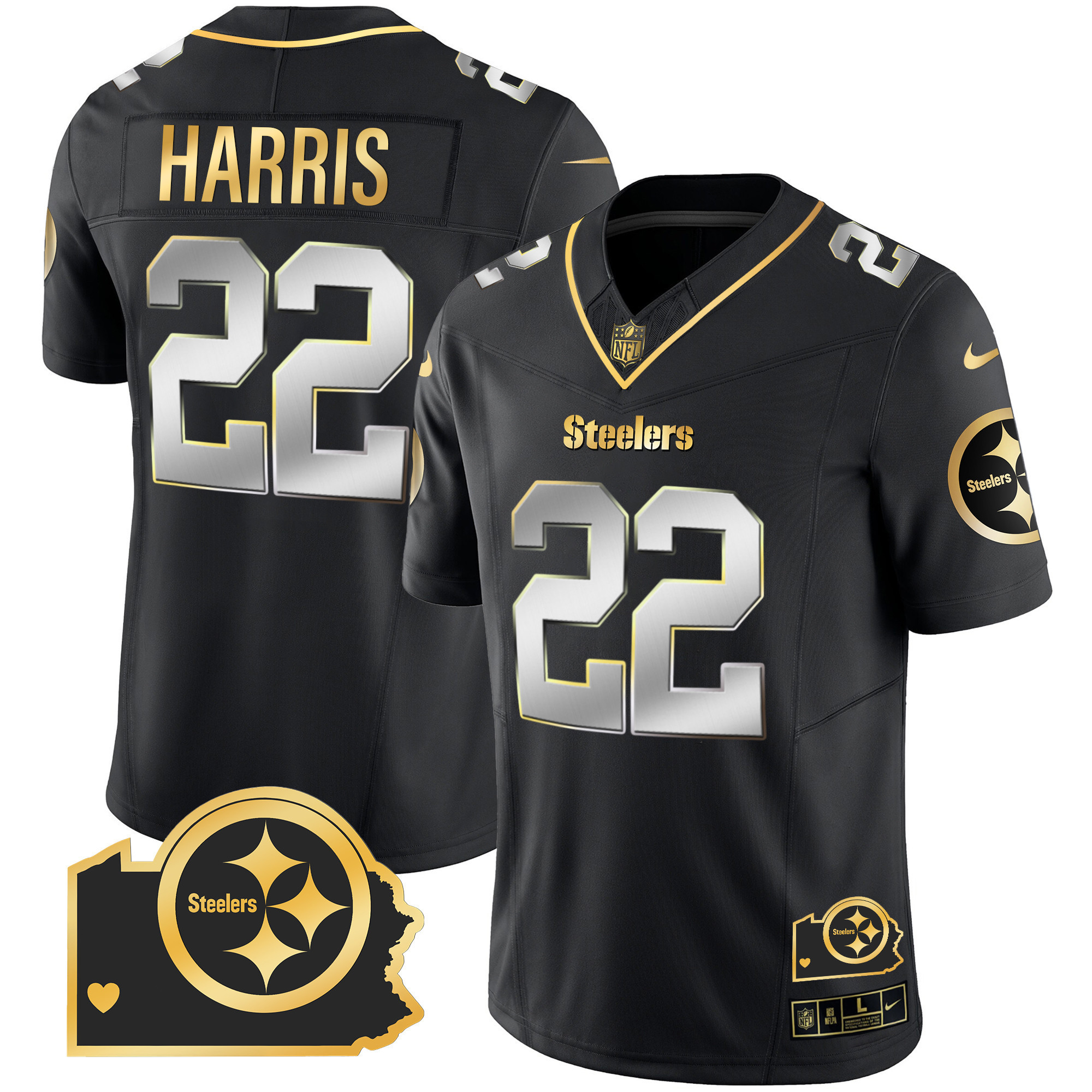 Najee Harris Men's Pittsburgh Steelers Home Patch Gold Vapor Black Limited Jersey - All Stitched