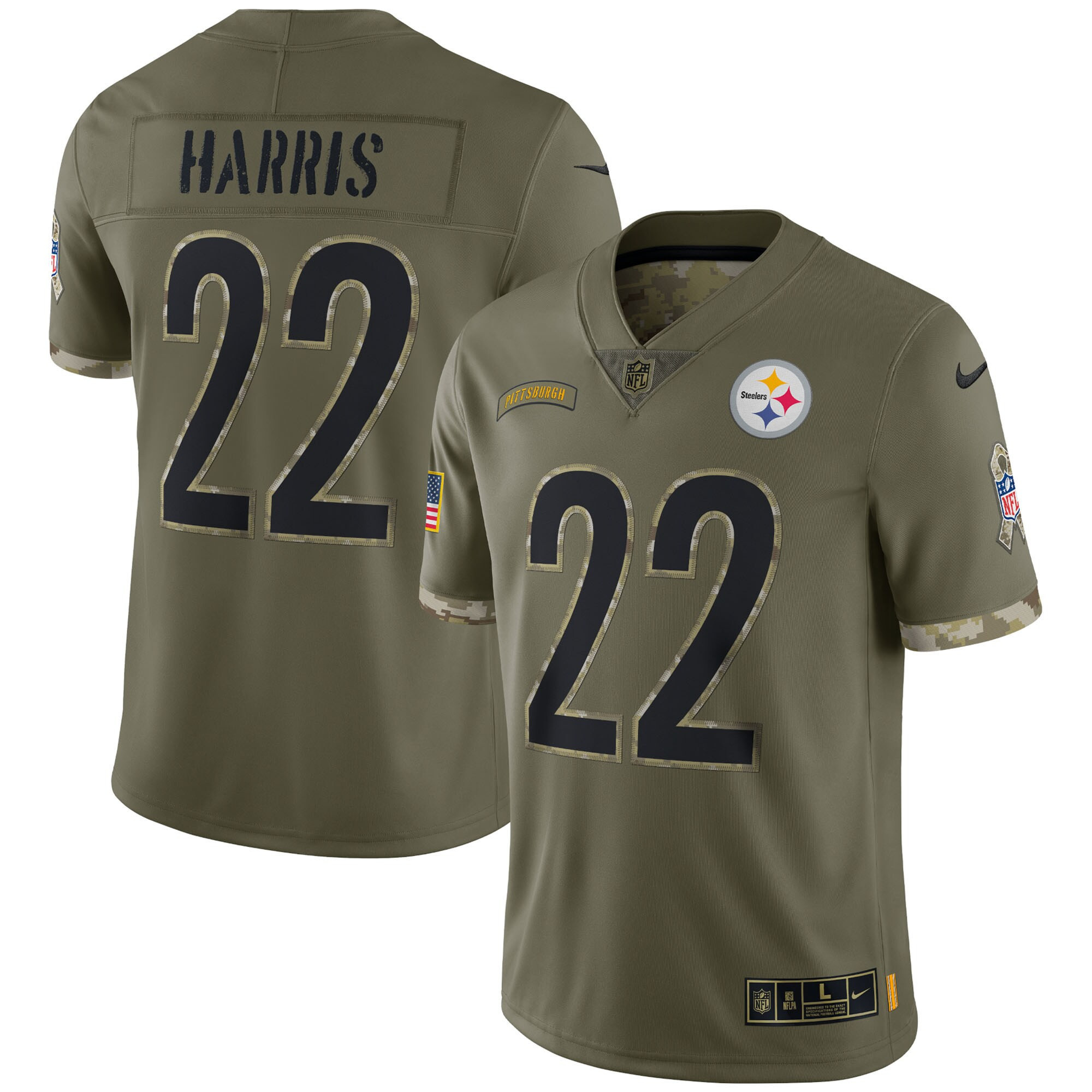 Najee Harris Men's Pittsburgh Steelers Salute To Service 2022 Limited - Olive - All Stitched Salute To Service Jersey - All Stitched