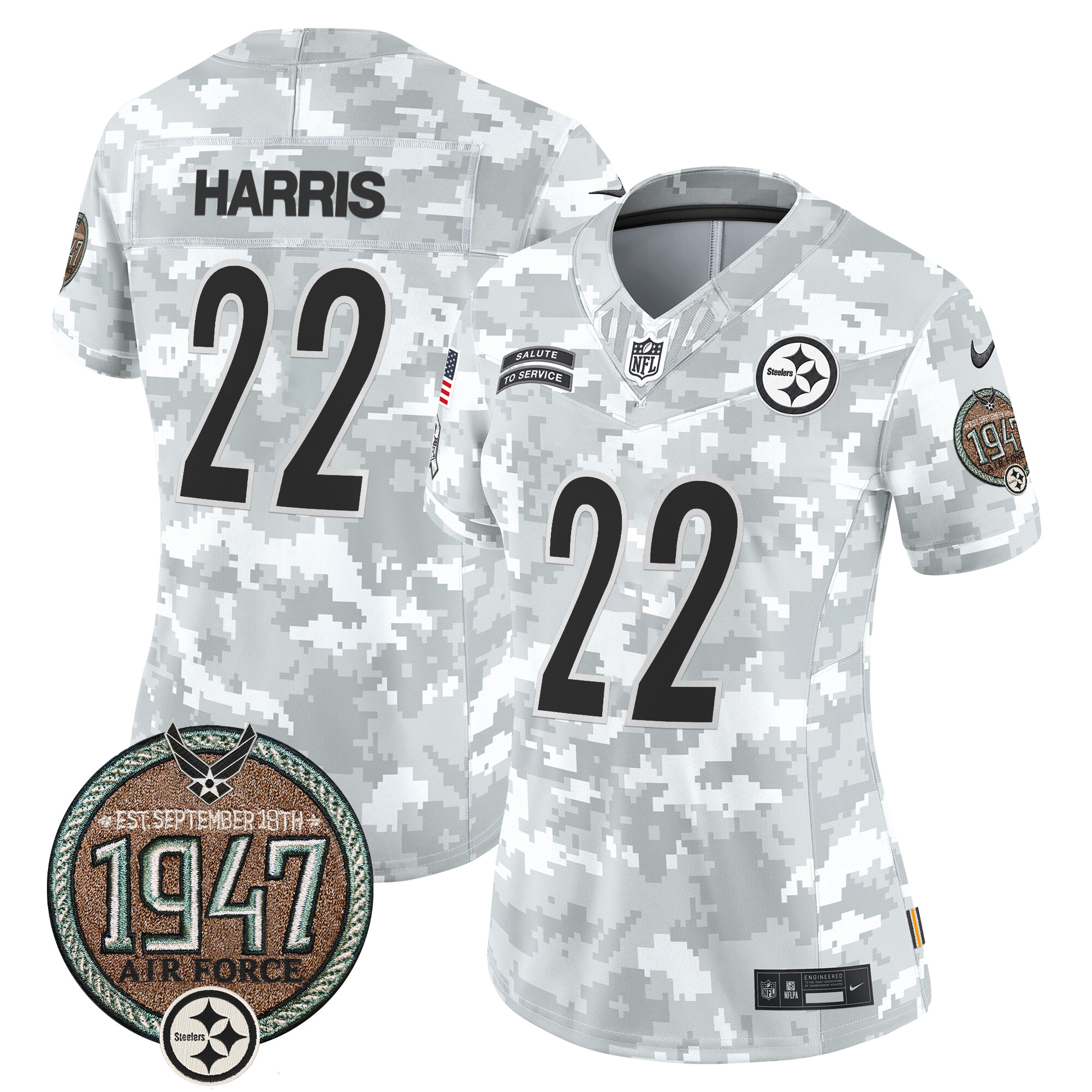 Najee Harris Women's Pittsburgh Steelers 2024 Salute to Service Establishment Year Patch Vapor Limited Air Force Jersey - All Stitched
